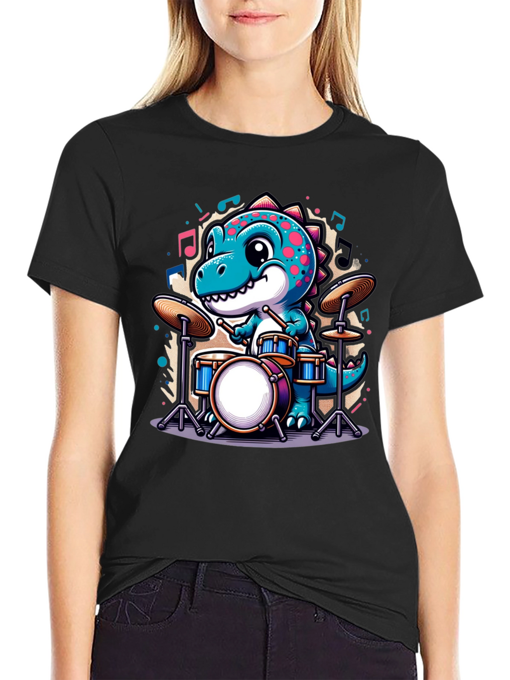 Dino Drummer Graphic Tee - Black T-Shirt