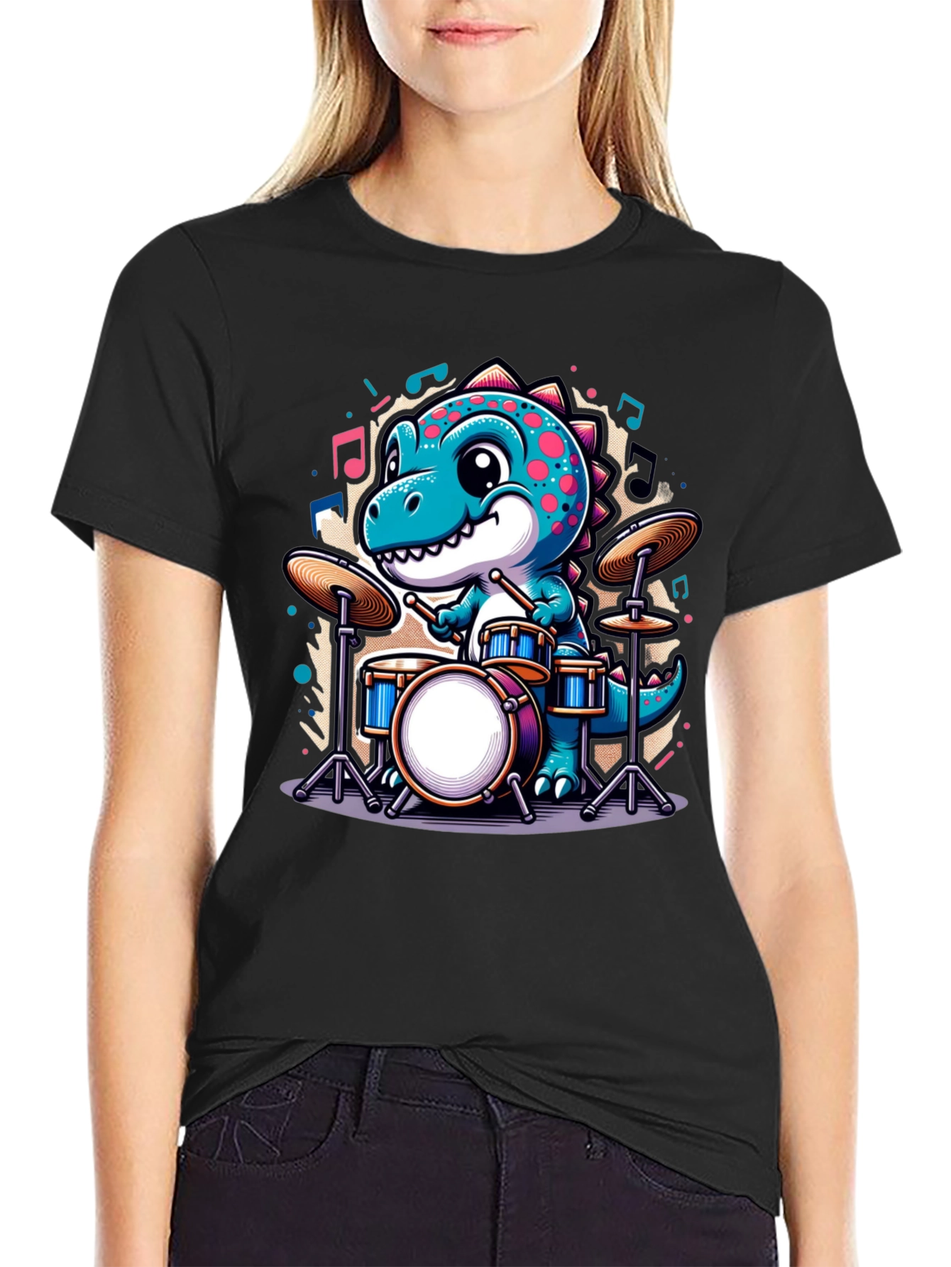 Dino Drummer Graphic Tee - Black T-Shirt