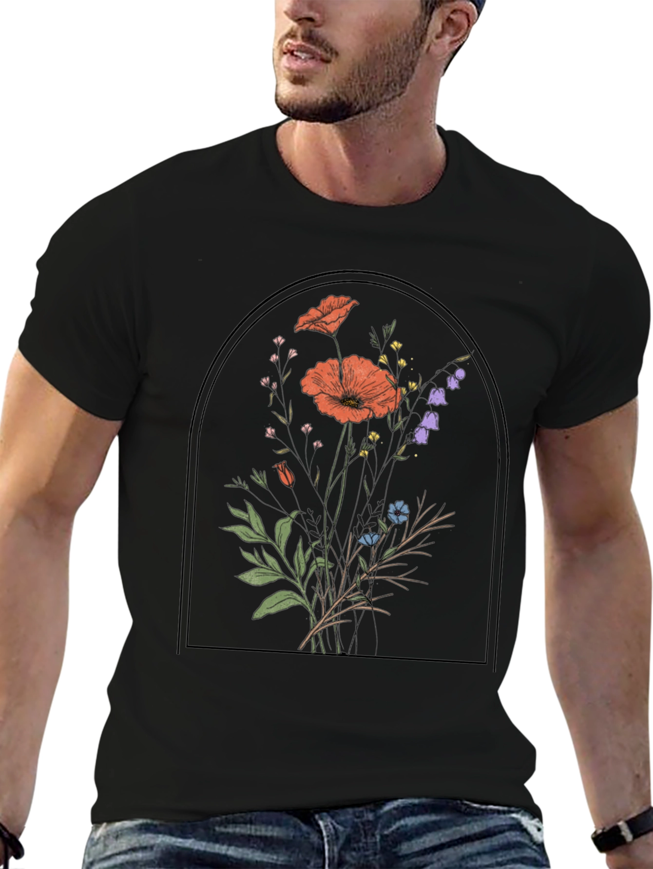 Floral Arch Graphic Tee - Trendy Black T-Shirt