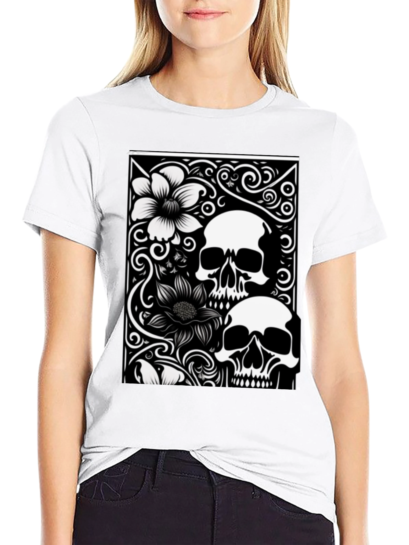 Skull & Flower Graphic Tee - Black Cotton T-Shirt