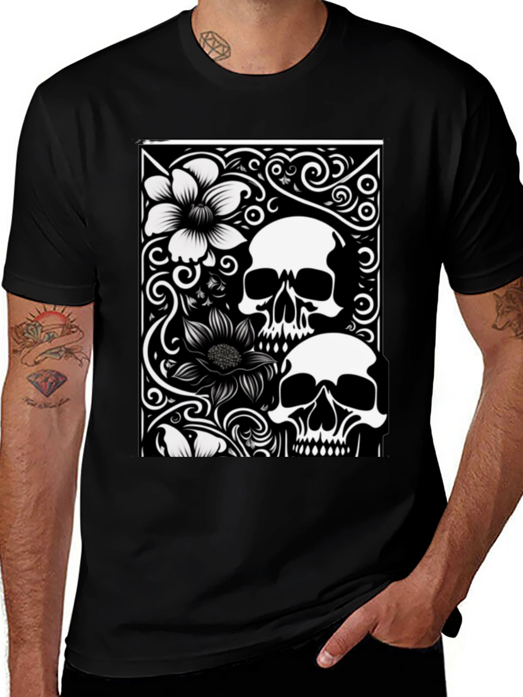 Skull & Flower Graphic Tee - Black Cotton T-Shirt