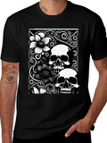 Skull & Flower Graphic Tee - Black Cotton T-Shirt