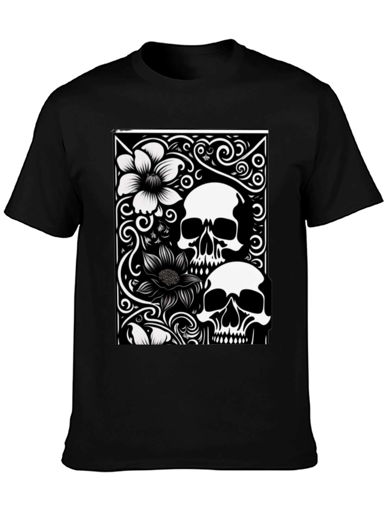Skull & Flower Graphic Tee - Black Cotton T-Shirt
