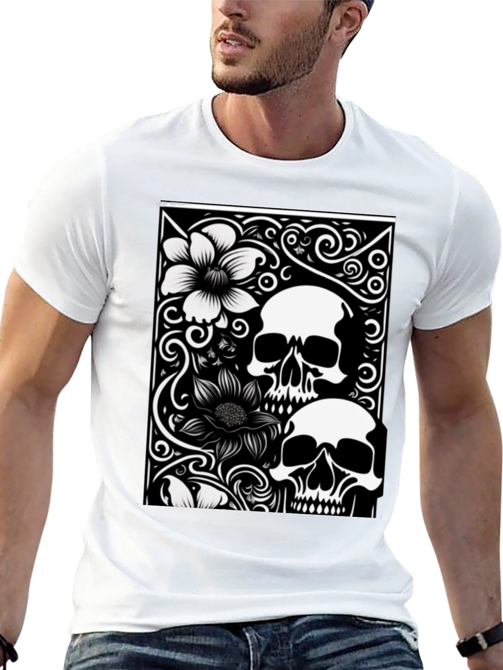 Skull & Flower Graphic Tee - Black Cotton T-Shirt