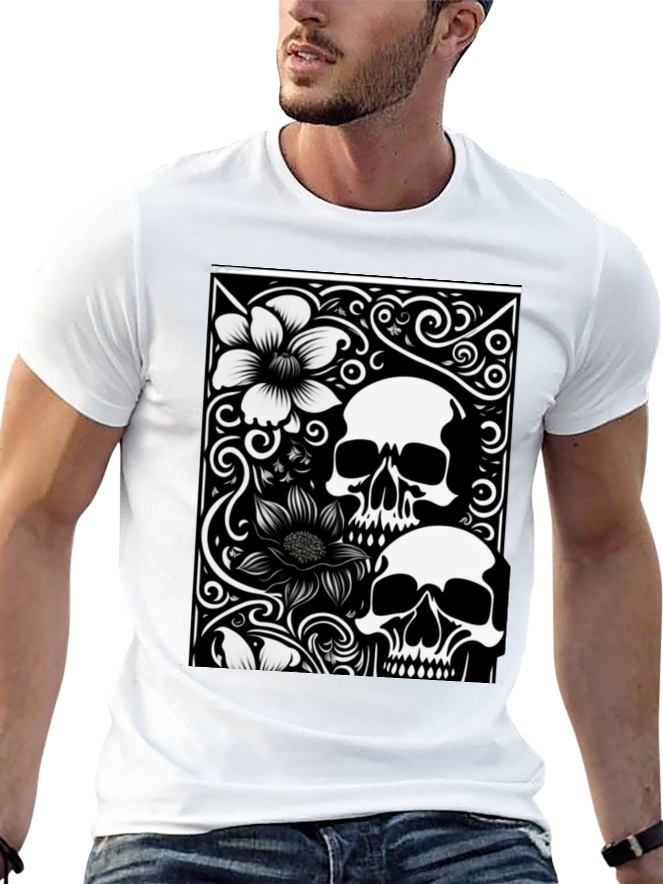 Skull & Flower Graphic Tee - Black Cotton T-Shirt