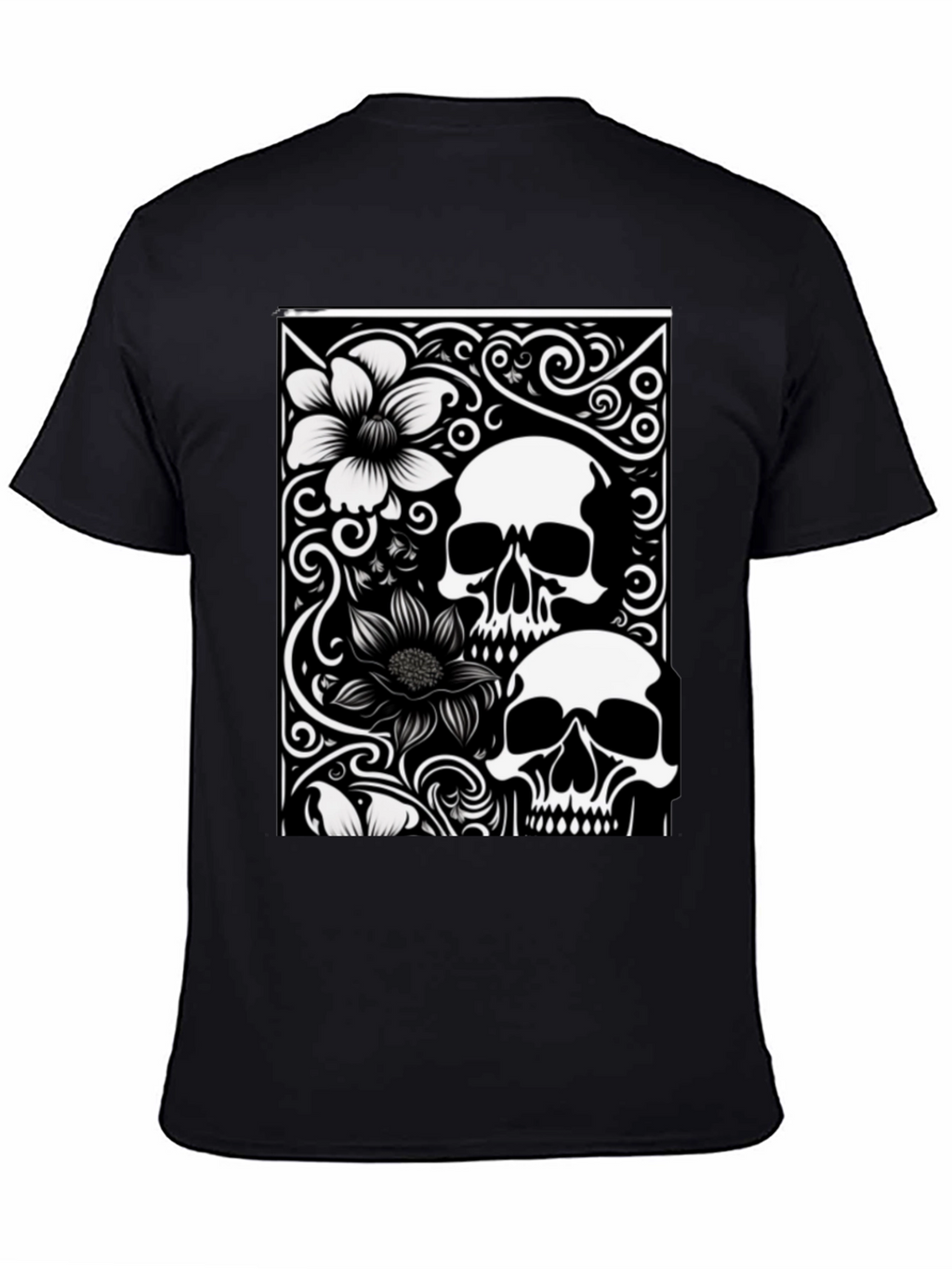 Skull & Flower Graphic Tee - Black Cotton T-Shirt