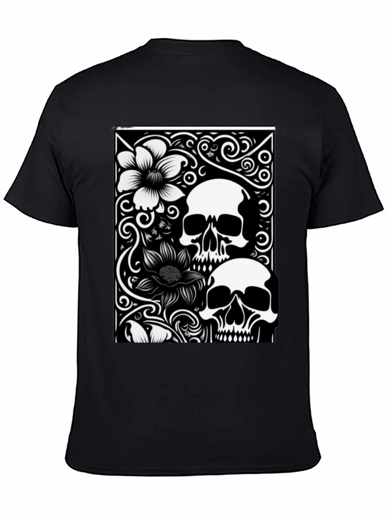 Skull & Flower Graphic Tee - Black Cotton T-Shirt