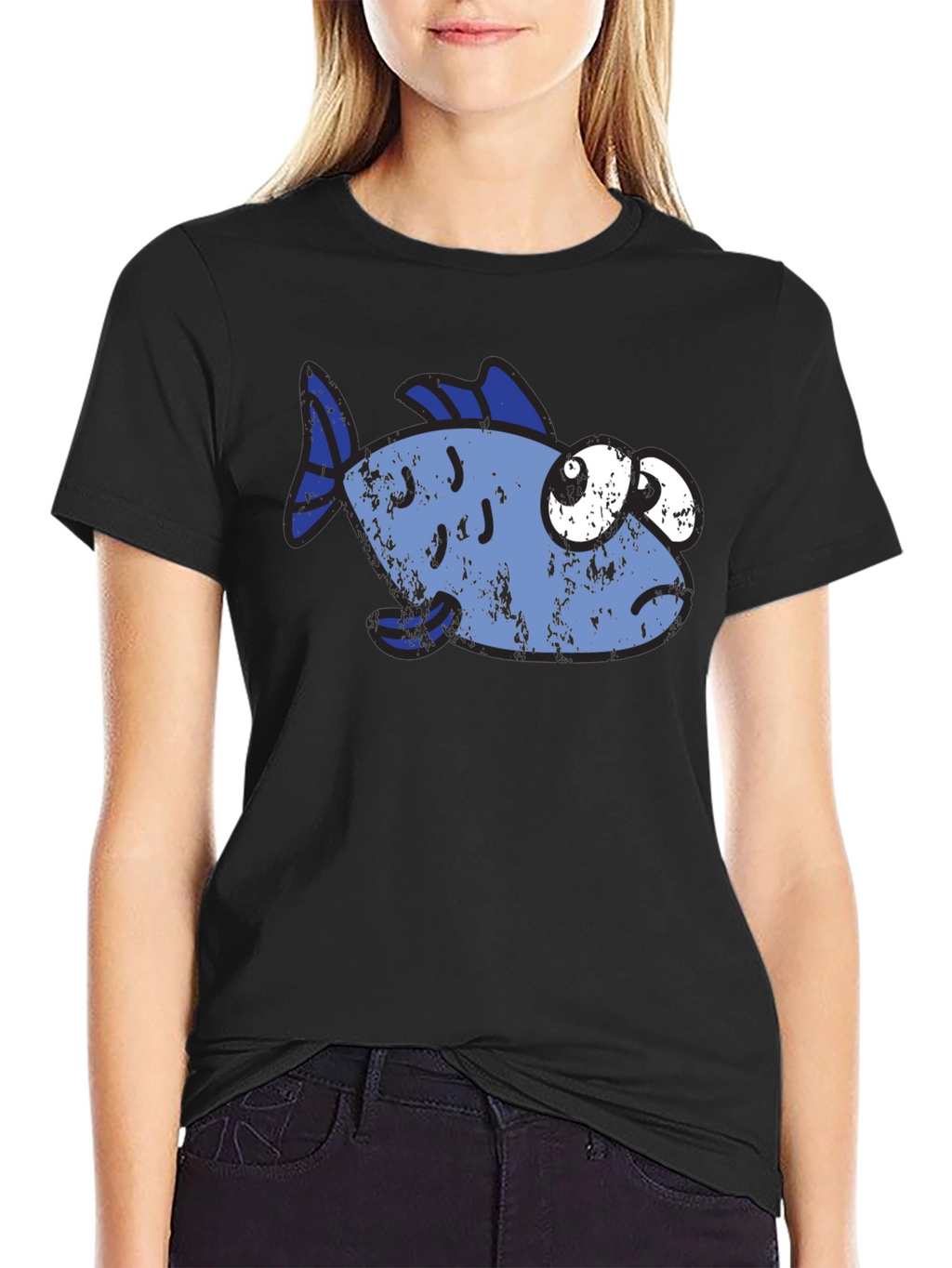 Funny Distressed Cartoon Fish Graphic T-Shirt