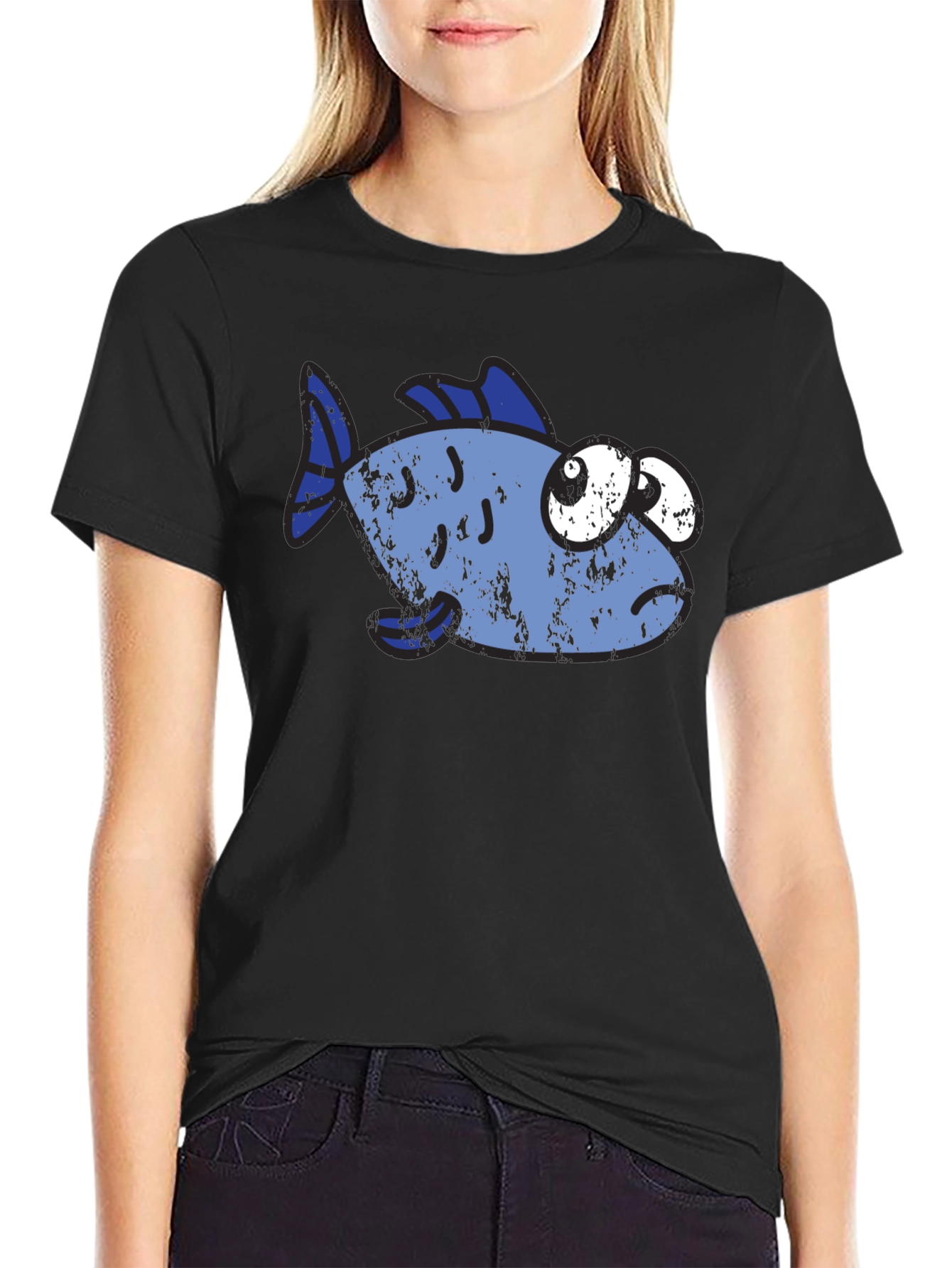Funny Distressed Cartoon Fish Graphic T-Shirt