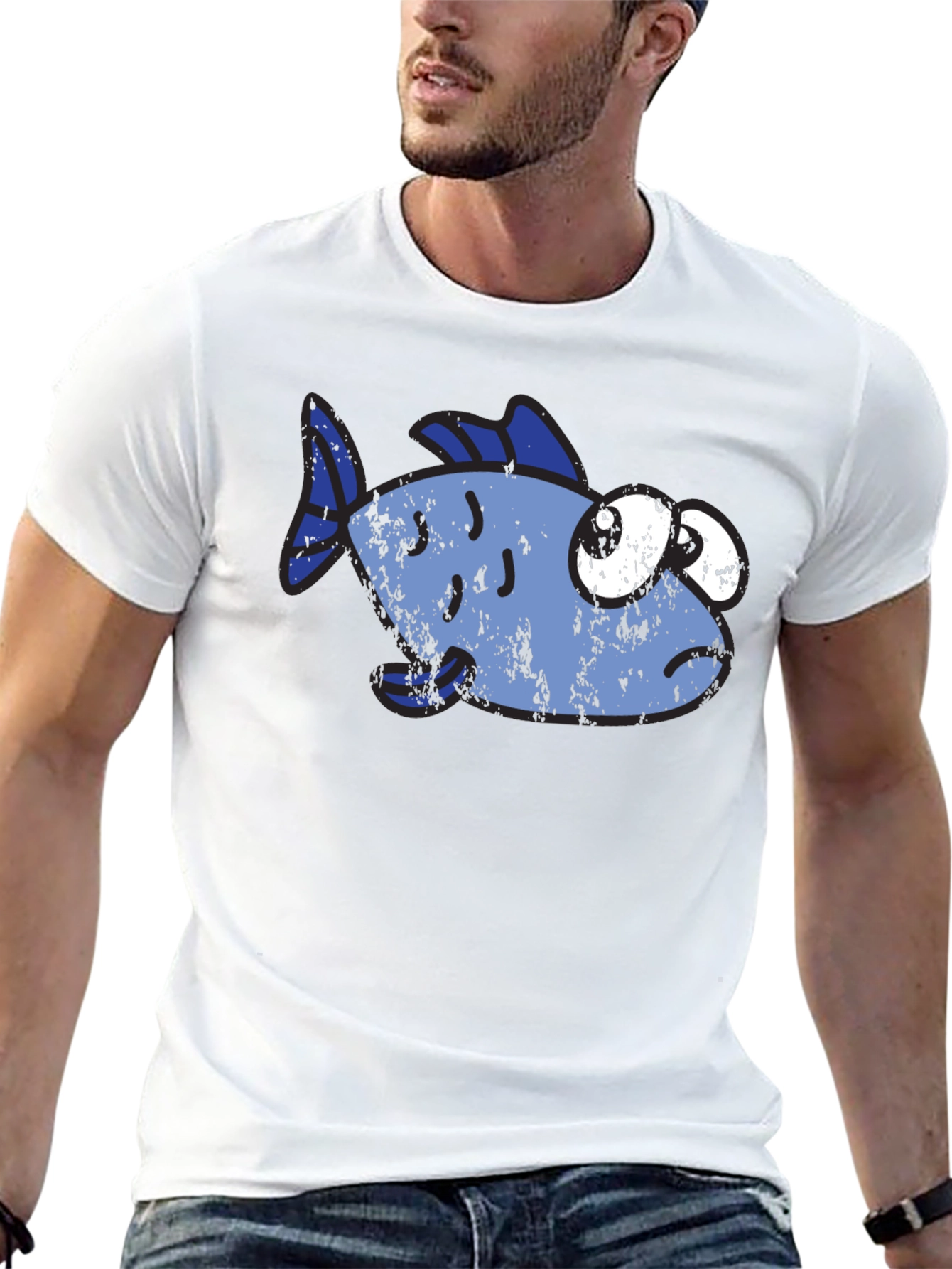Funny Distressed Cartoon Fish Graphic T-Shirt