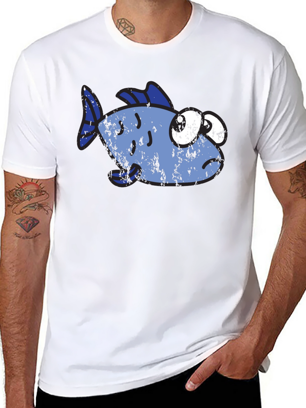 Funny Distressed Cartoon Fish Graphic T-Shirt