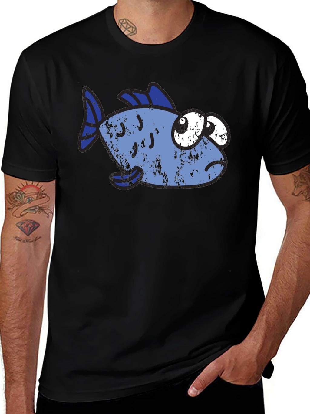 Funny Distressed Cartoon Fish Graphic T-Shirt