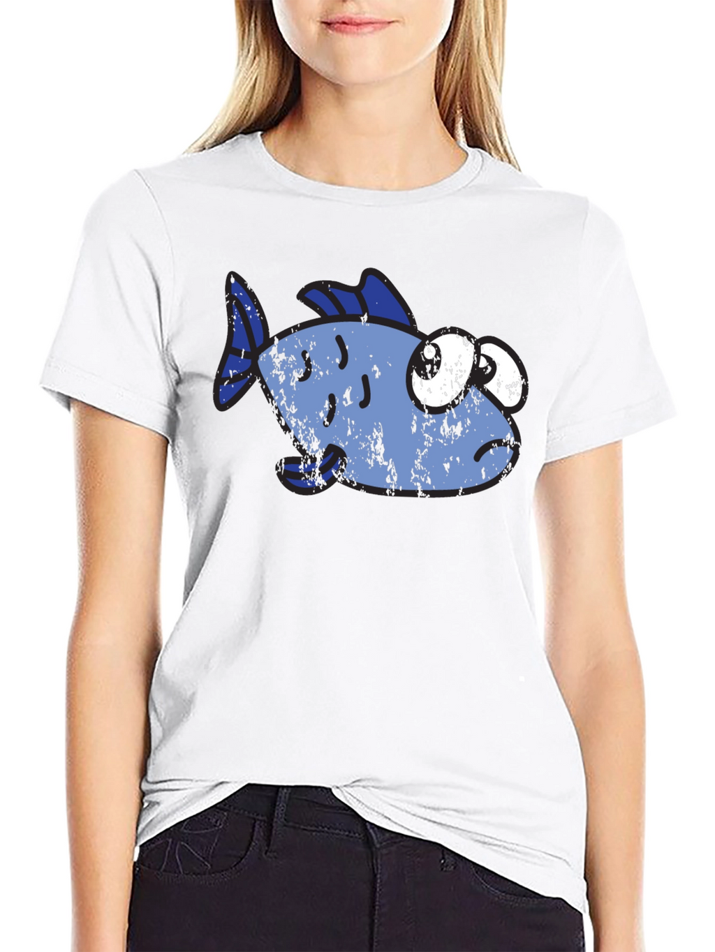 Funny Distressed Cartoon Fish Graphic T-Shirt