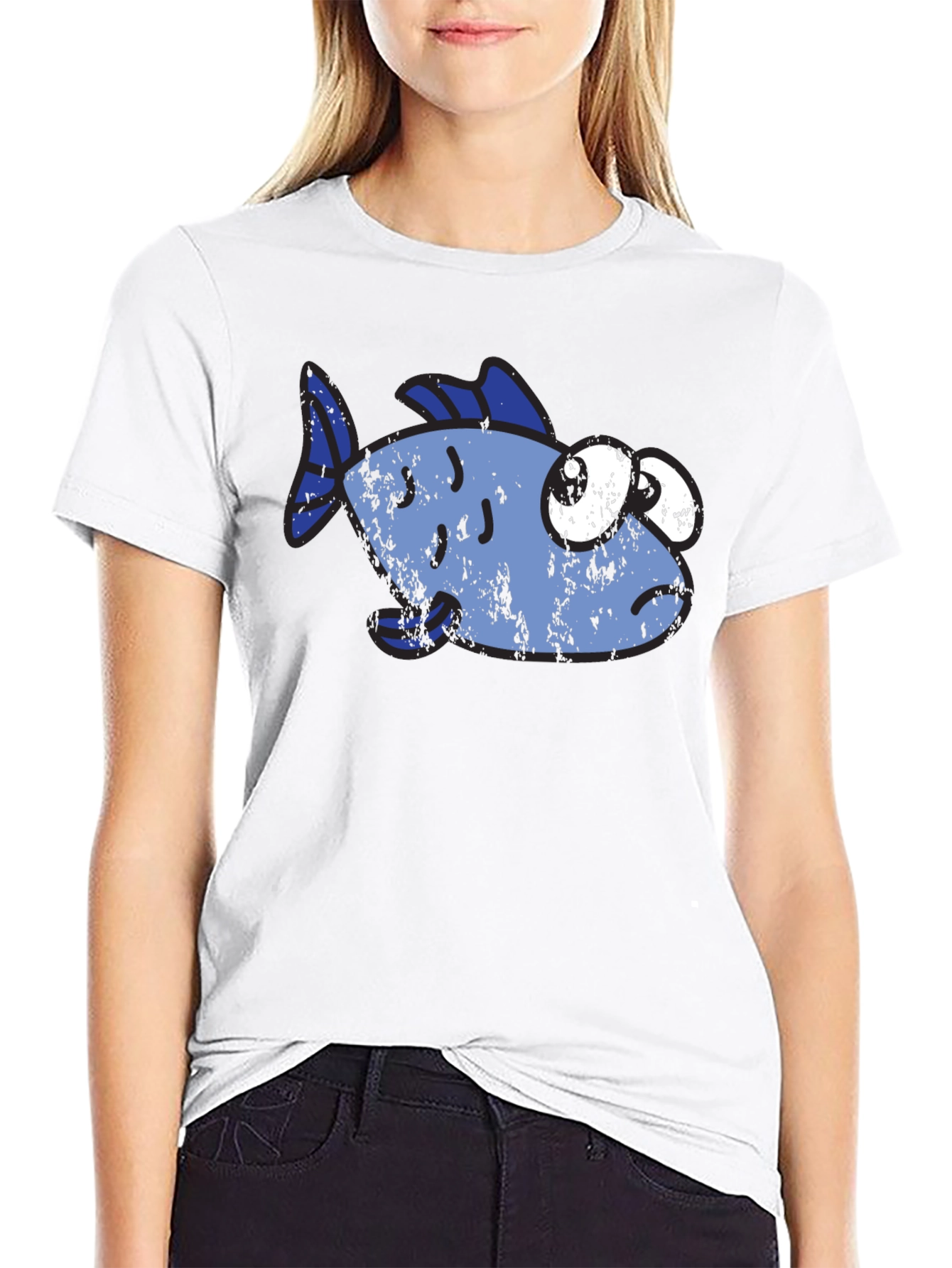 Funny Distressed Cartoon Fish Graphic T-Shirt