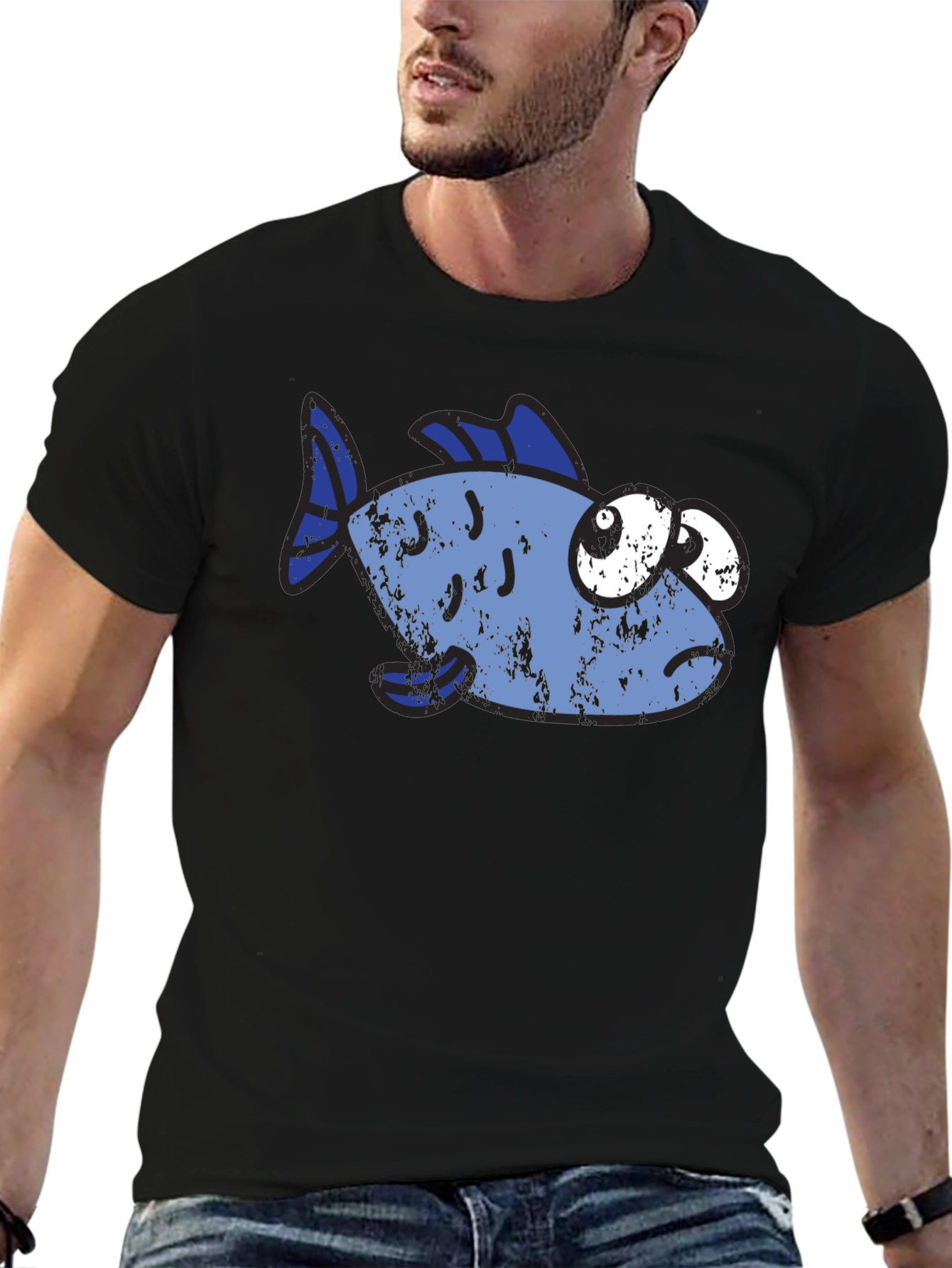 Funny Distressed Cartoon Fish Graphic T-Shirt