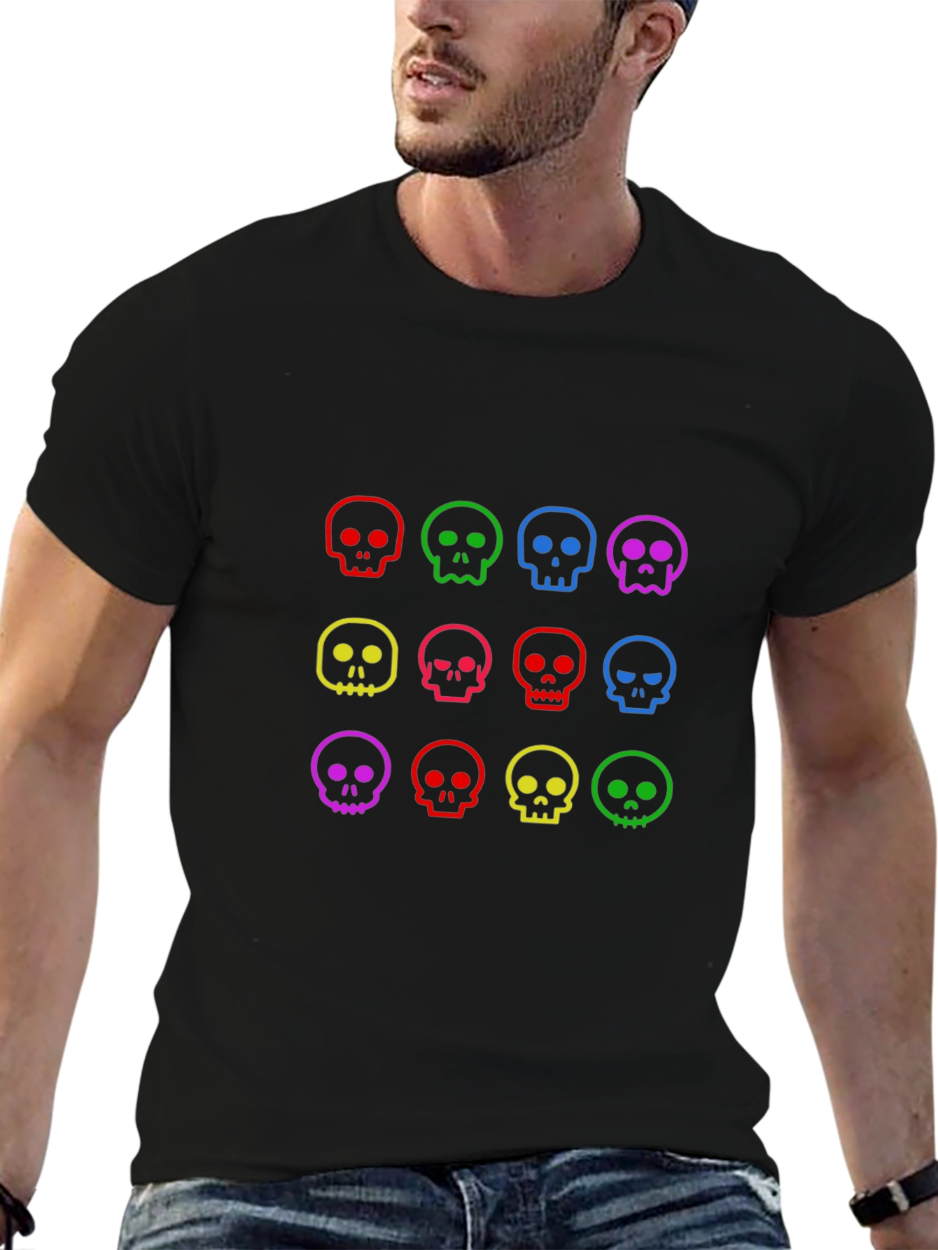 Colorful Skull Graphic Black T-Shirt