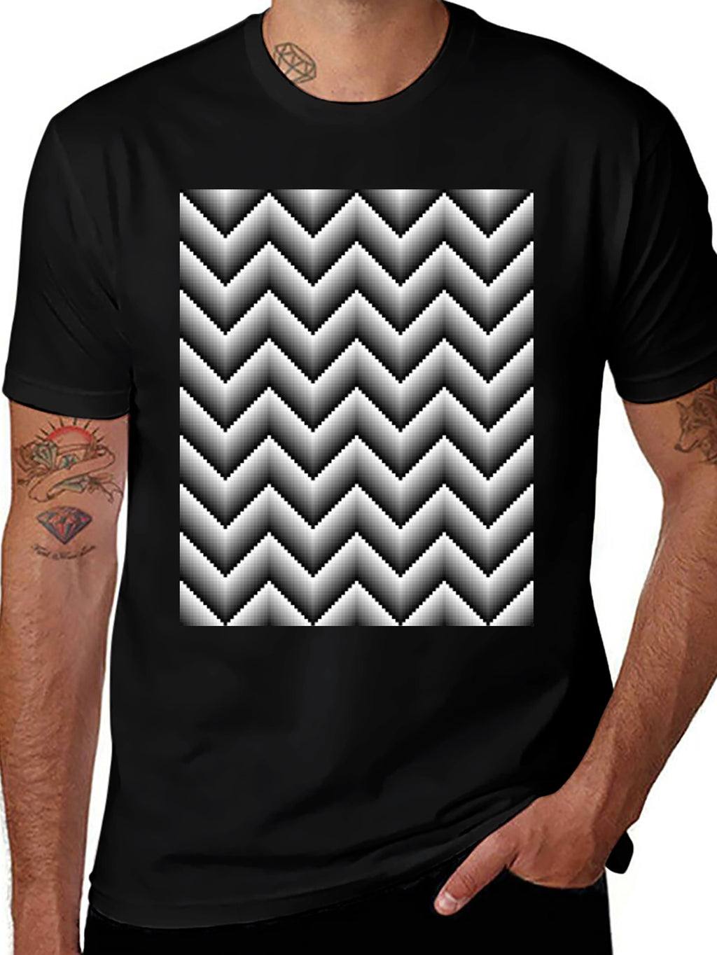 Optical Illusion Zig-Zag Pixelated Pattern Black T-Shirt