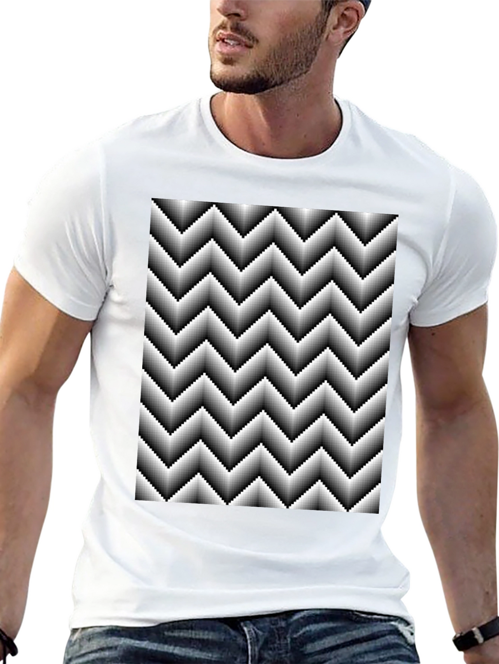 Optical Illusion Zig-Zag Pixelated Pattern Black T-Shirt