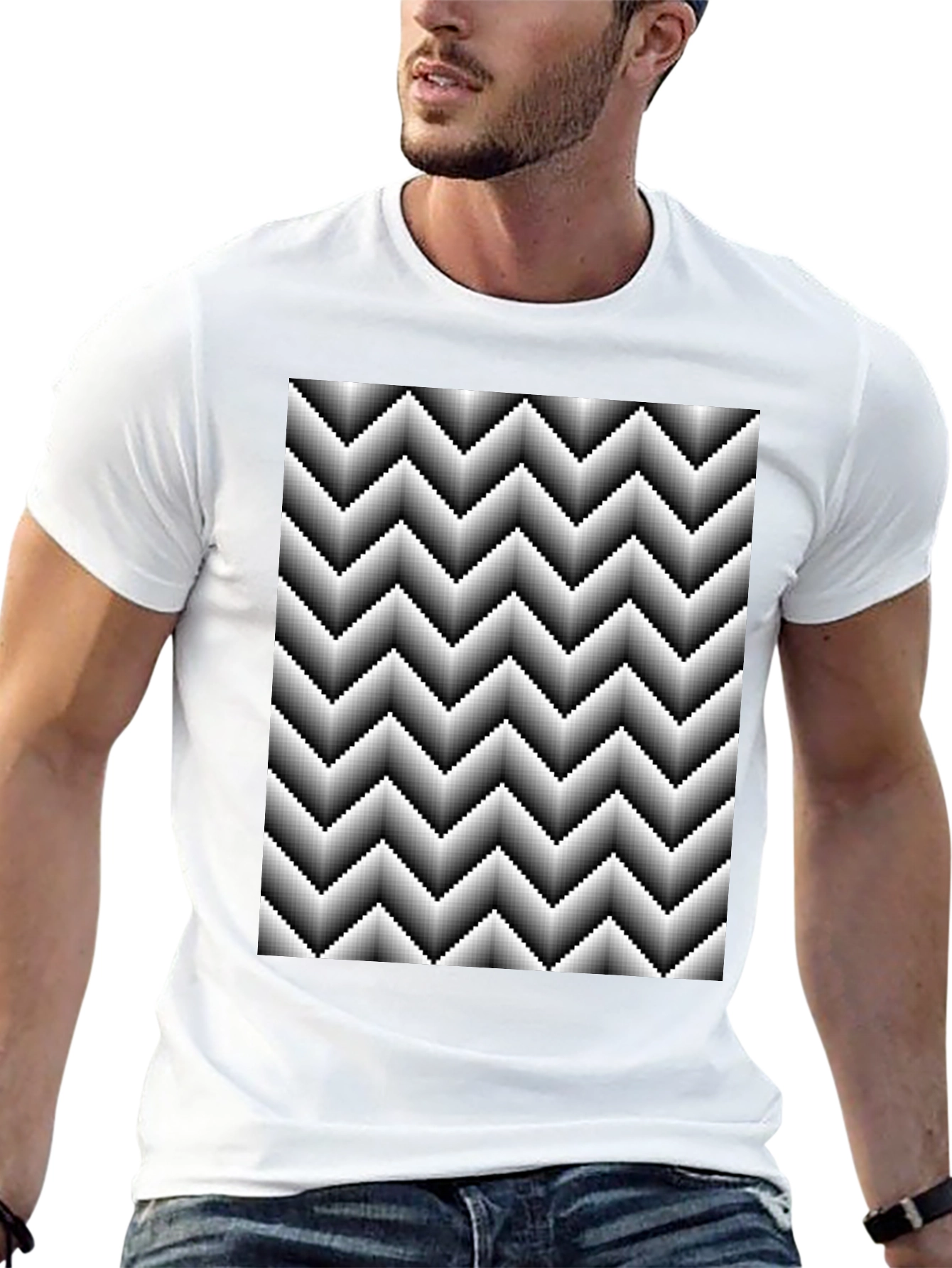 Optical Illusion Zig-Zag Pixelated Pattern Black T-Shirt