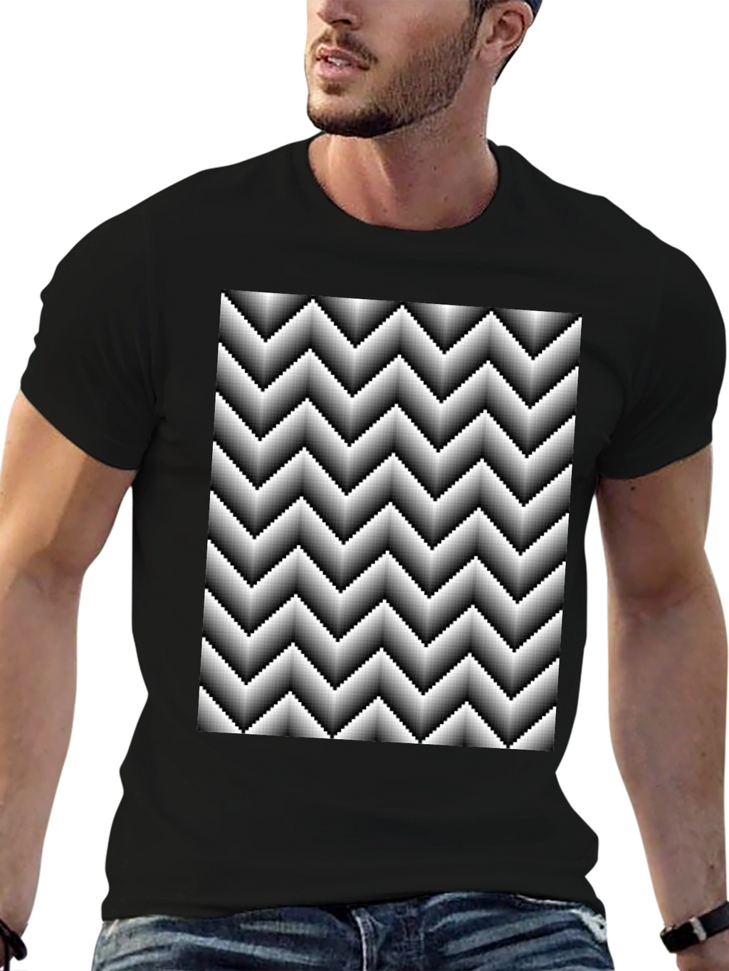 Optical Illusion Zig-Zag Pixelated Pattern Black T-Shirt