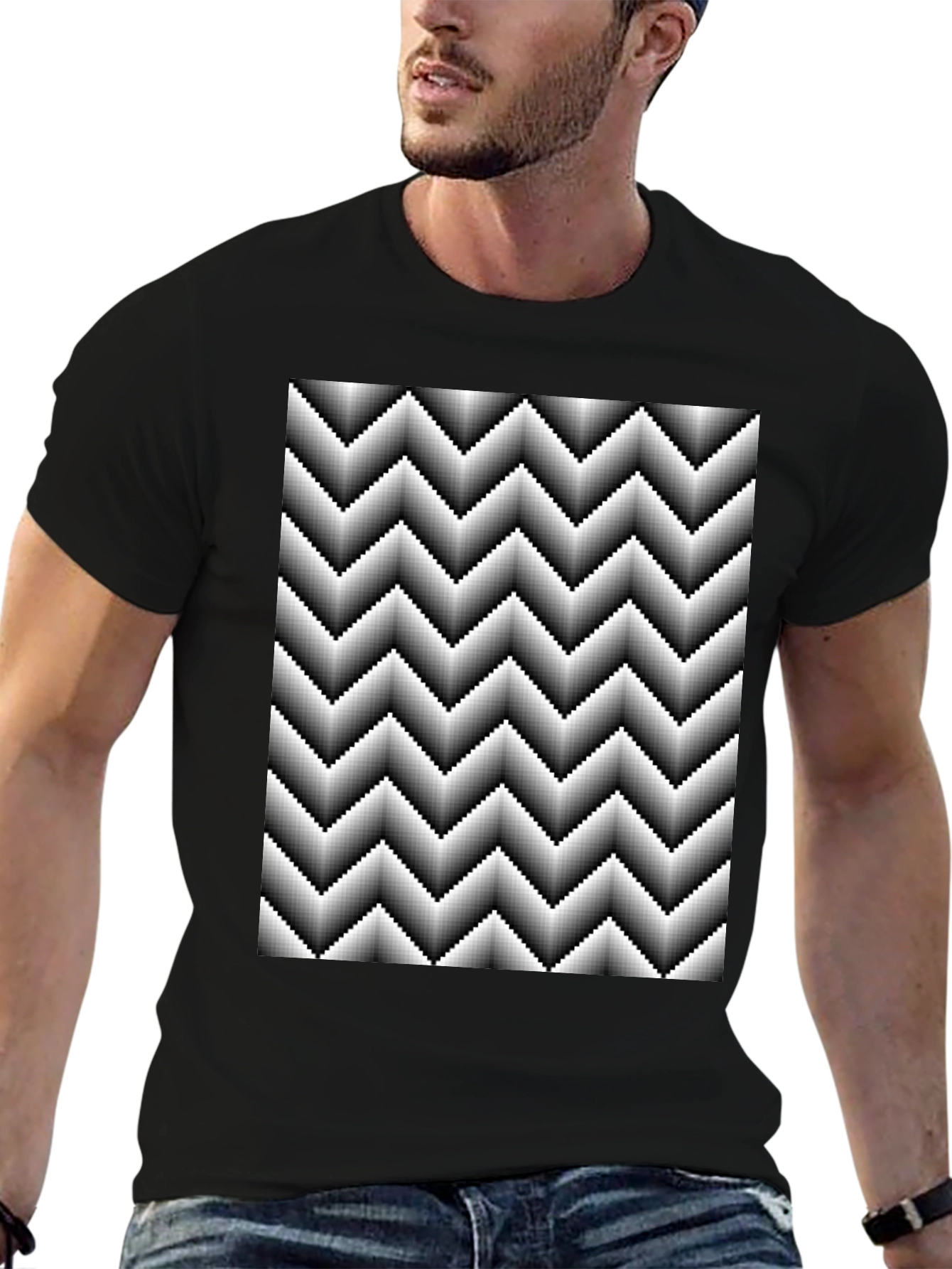 Optical Illusion Zig-Zag Pixelated Pattern Black T-Shirt