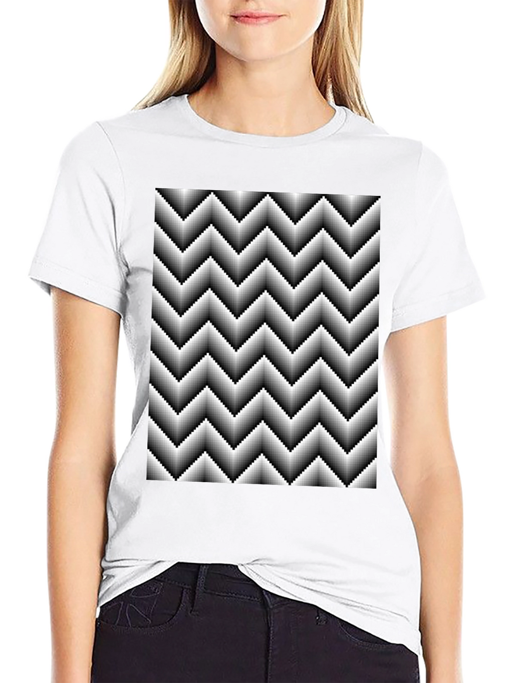 Optical Illusion Zig-Zag Pixelated Pattern Black T-Shirt
