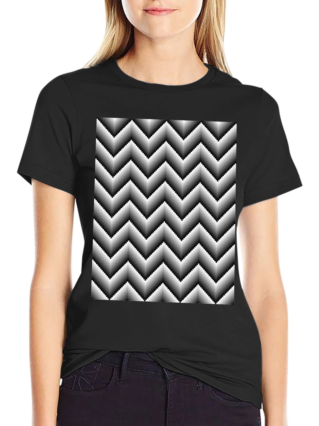 Optical Illusion Zig-Zag Pixelated Pattern Black T-Shirt
