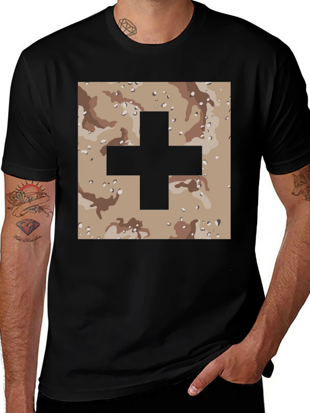 Camo Plus Sign Graphic Tee - Stylish Mens T-Shirt