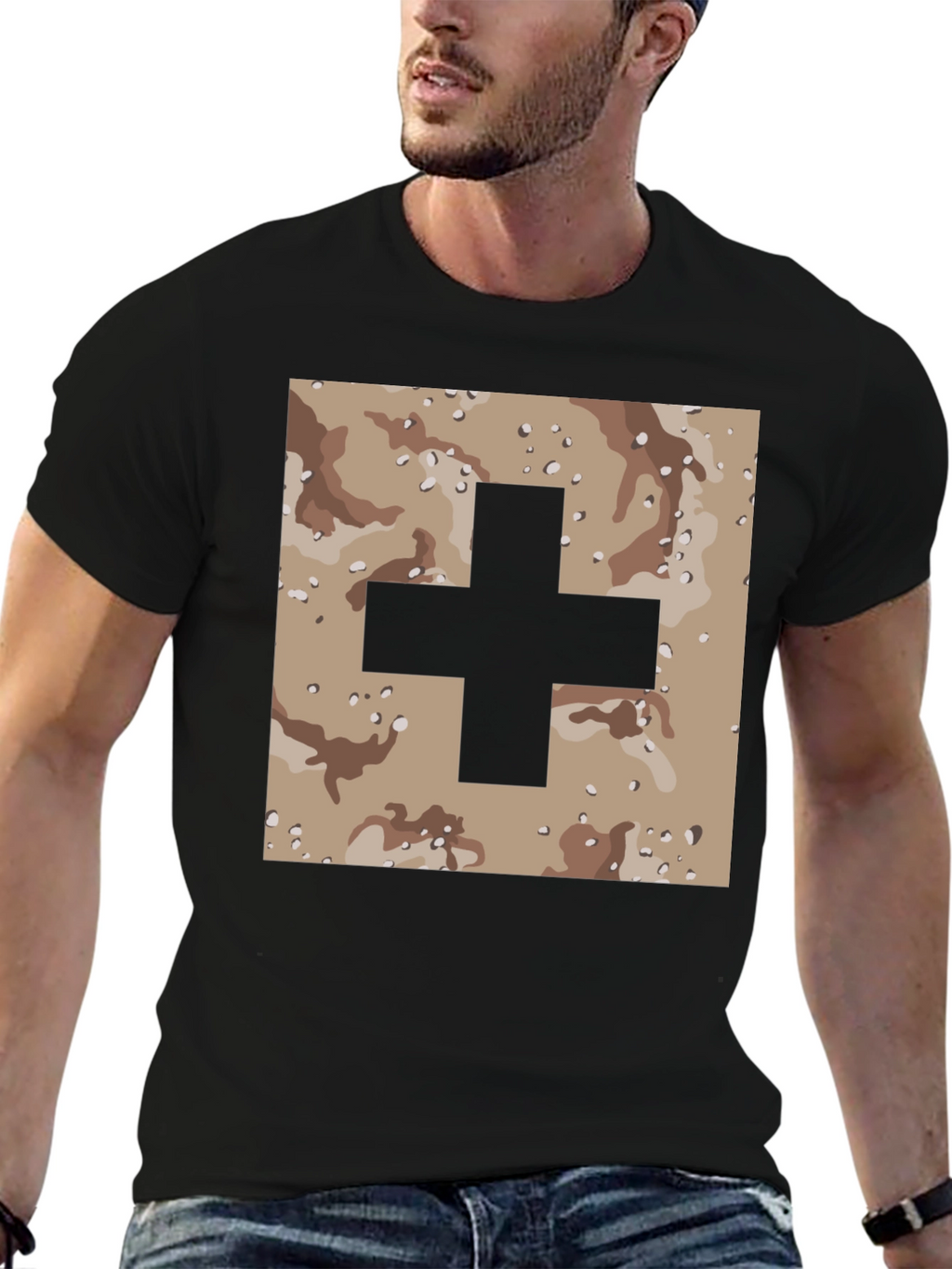 Camo Plus Sign Graphic Tee - Stylish Mens T-Shirt