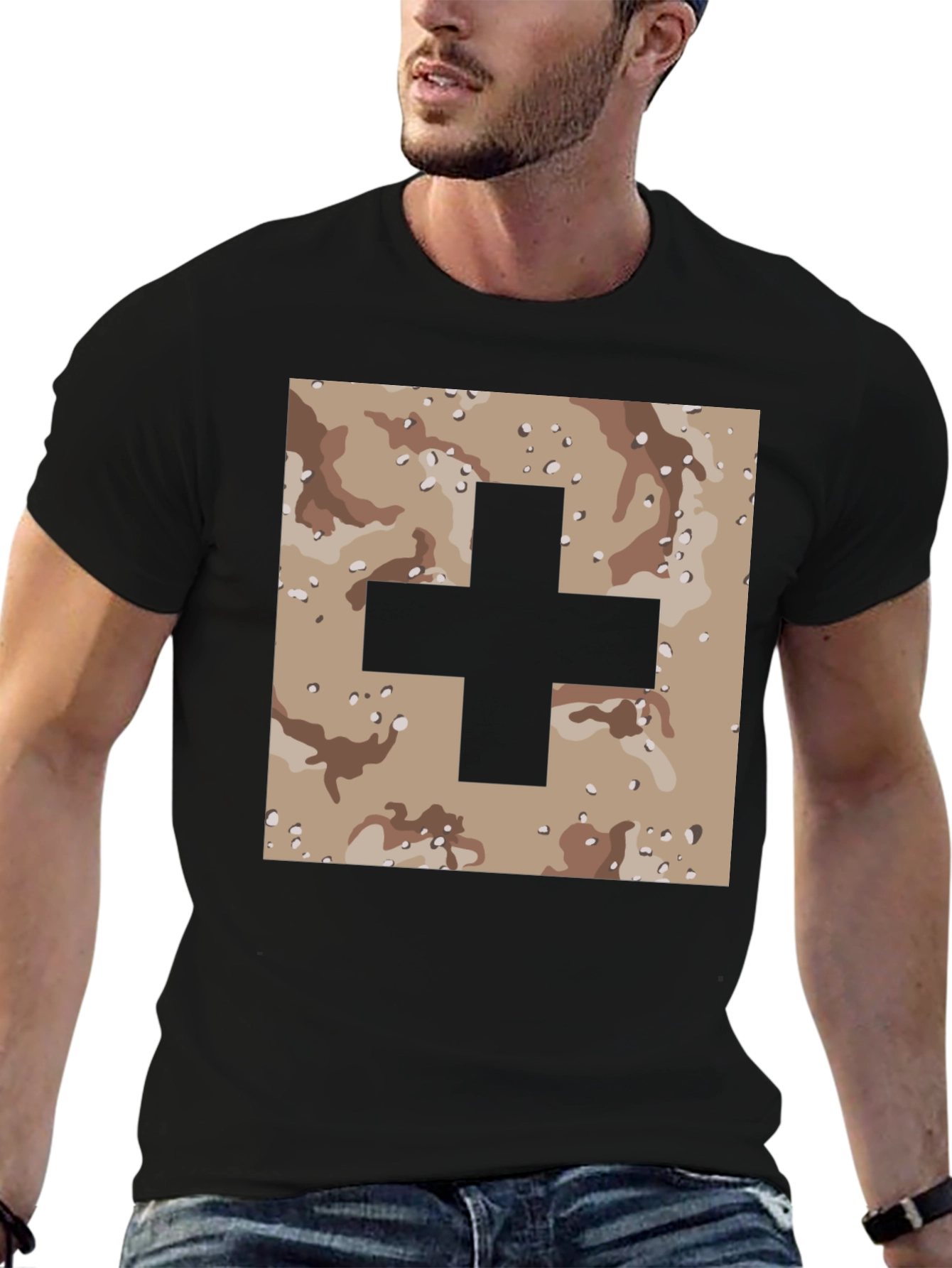 Camo Plus Sign Graphic Tee - Stylish Mens T-Shirt