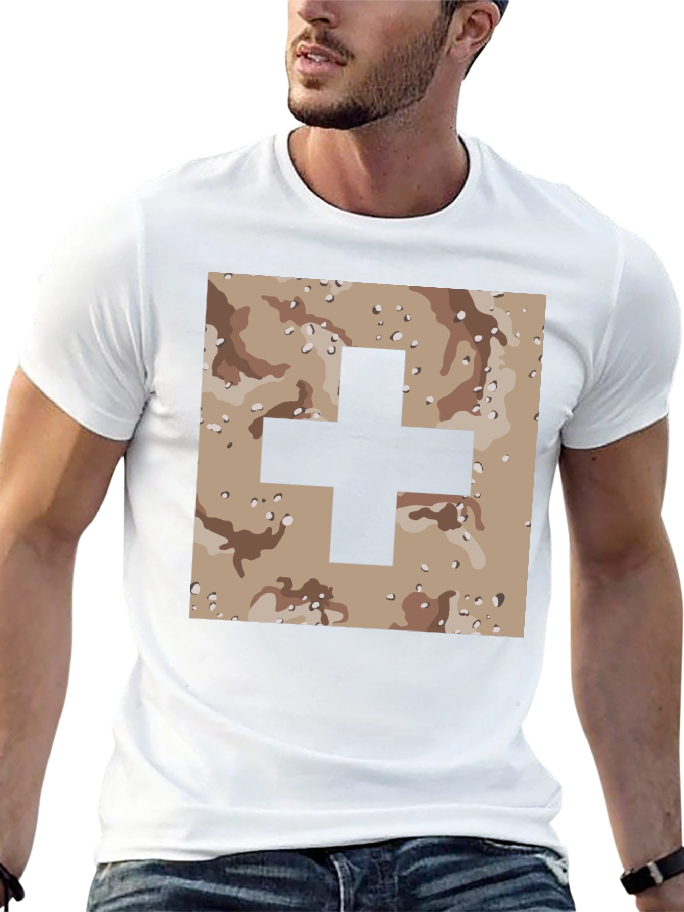 Camo Plus Sign Graphic Tee - Stylish Mens T-Shirt