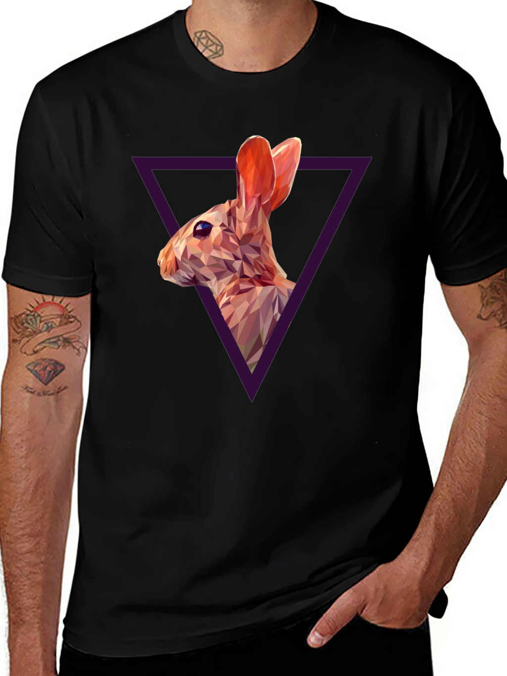 Geometric Rabbit Graphic Black T-Shirt