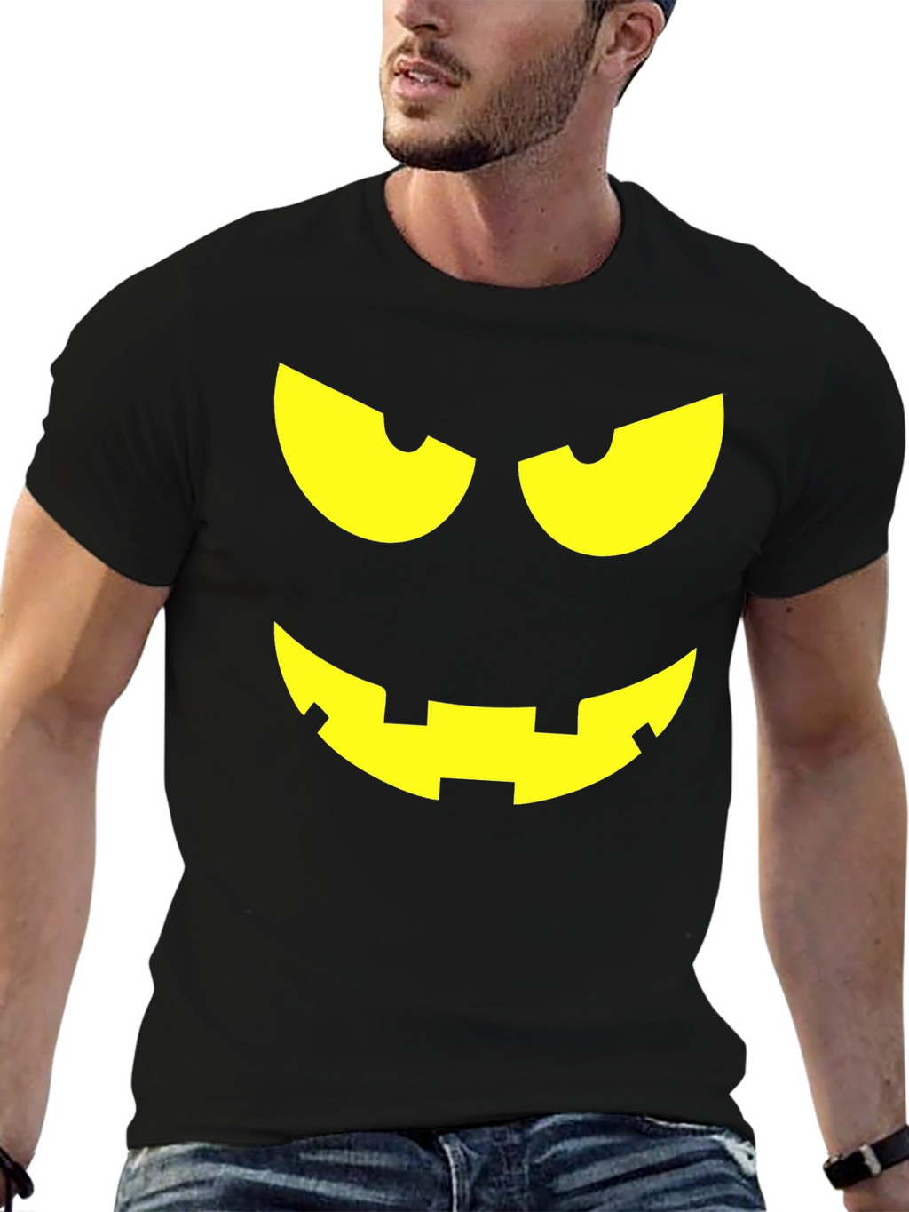 Halloween Pumpkin Face Graphic Tee - Black