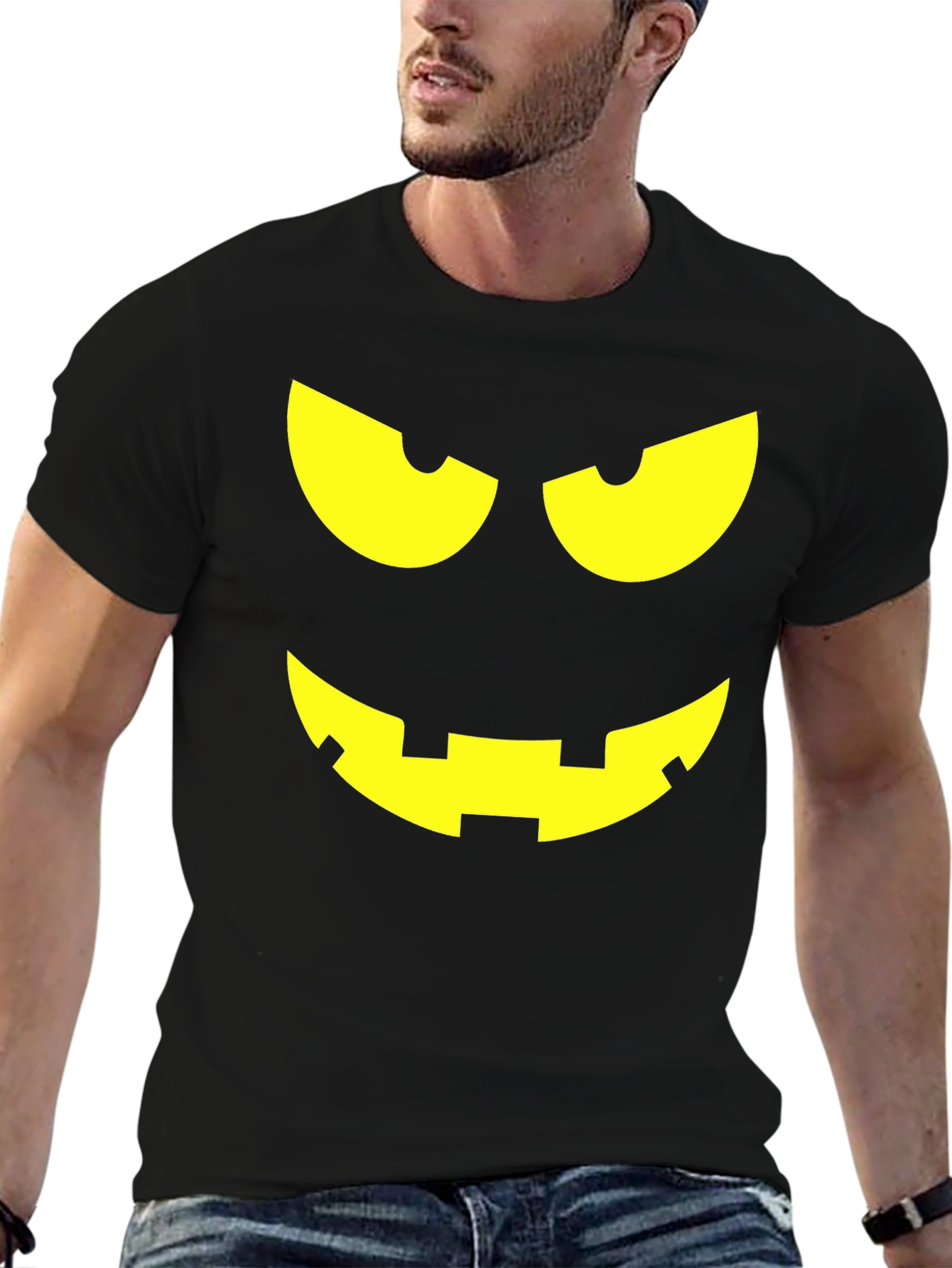 Halloween Pumpkin Face Graphic Tee - Black