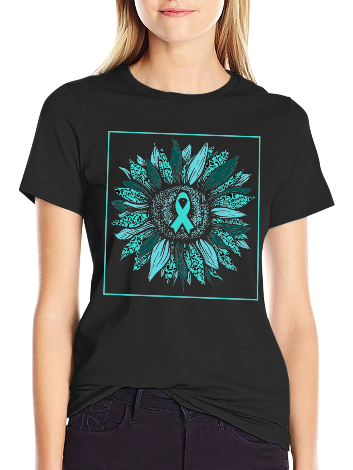 Teal Ribbon Sunflower Graphic Tee