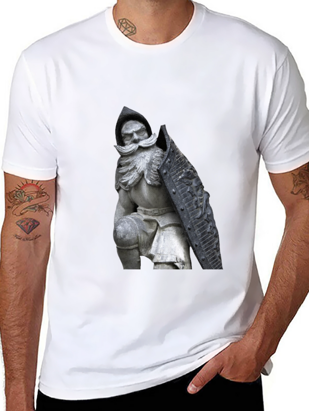 Black T-Shirt with Knight Statue Design