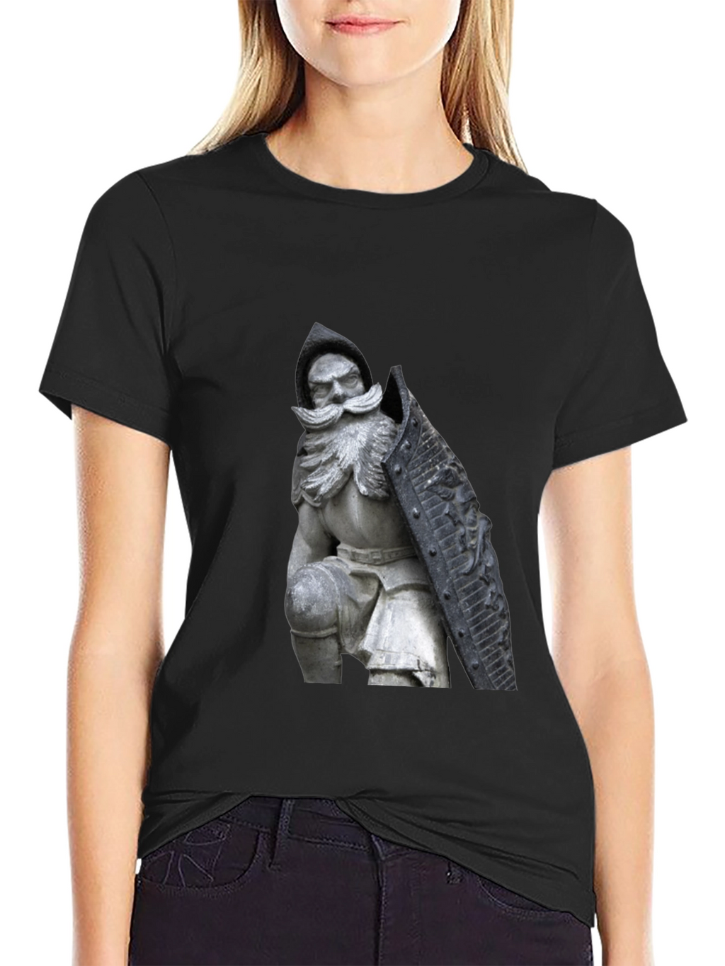 Black T-Shirt with Knight Statue Design
