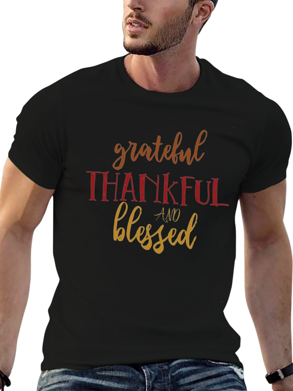 Grateful Thankful Blessed Black Graphic T-Shirt
