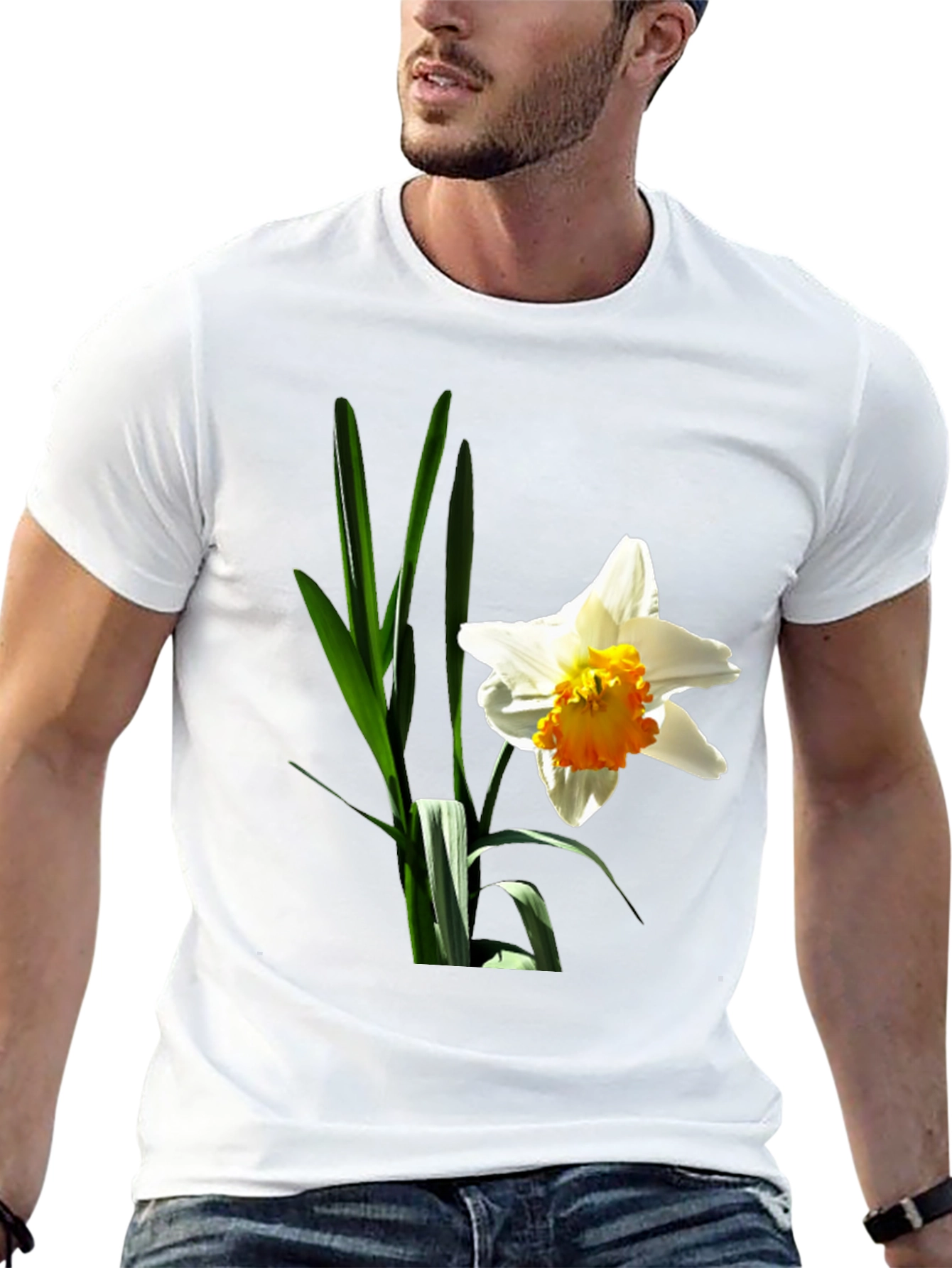 Floral Graphic T-Shirt - White Daffodil on Black