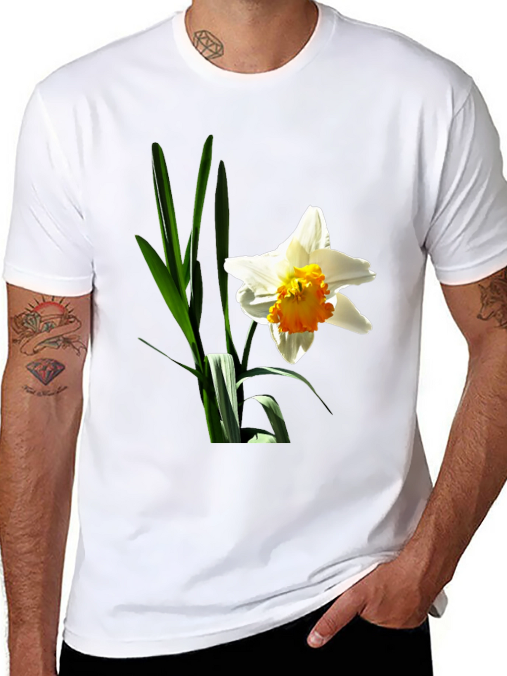 Floral Graphic T-Shirt - White Daffodil on Black