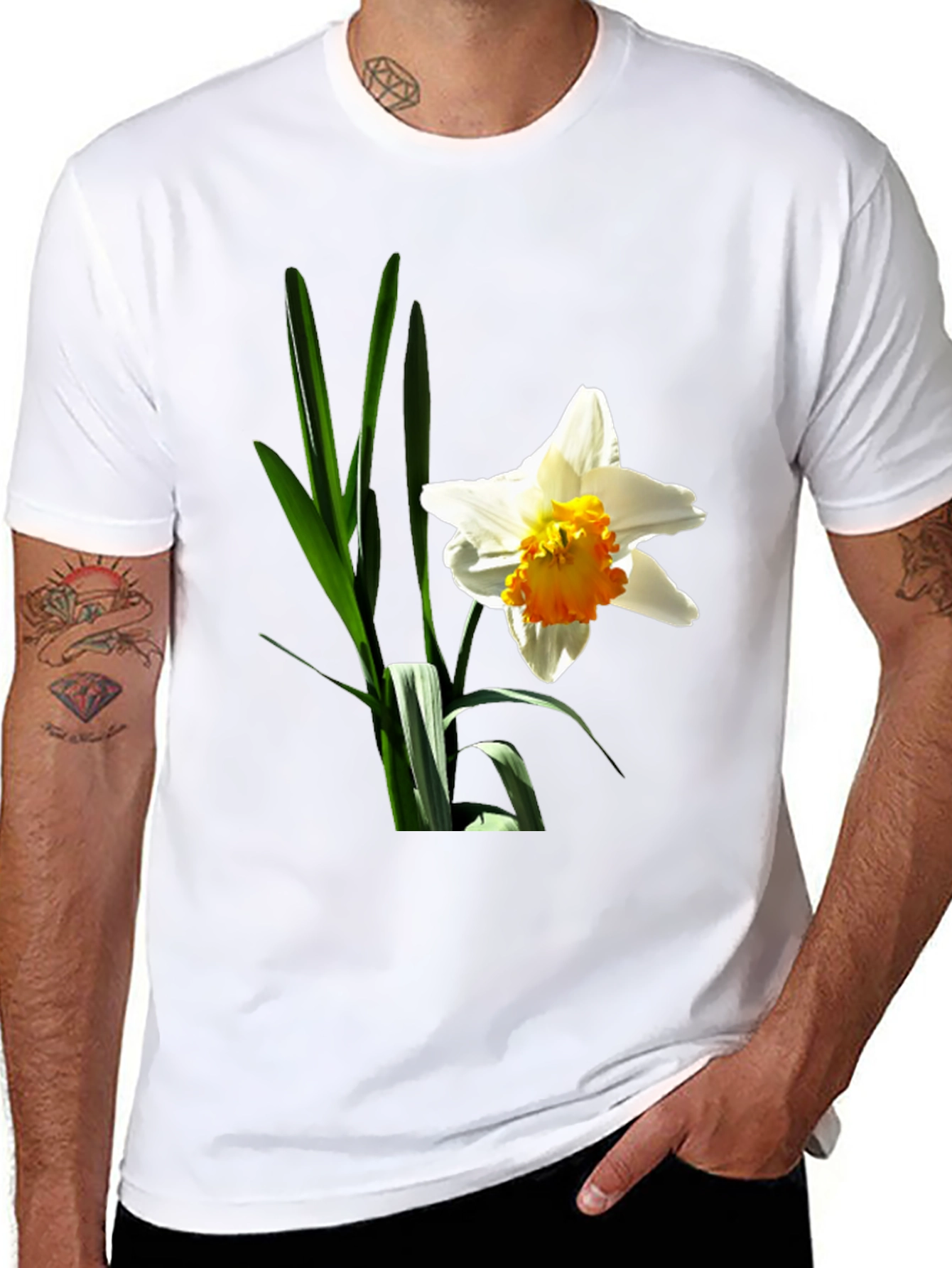 Floral Graphic T-Shirt - White Daffodil on Black