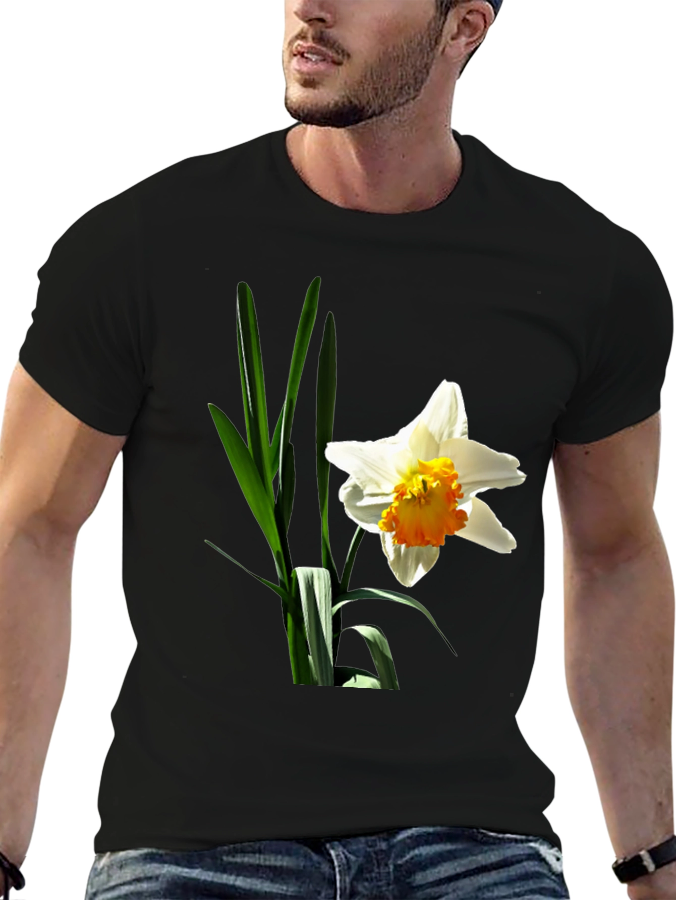 Floral Graphic T-Shirt - White Daffodil on Black