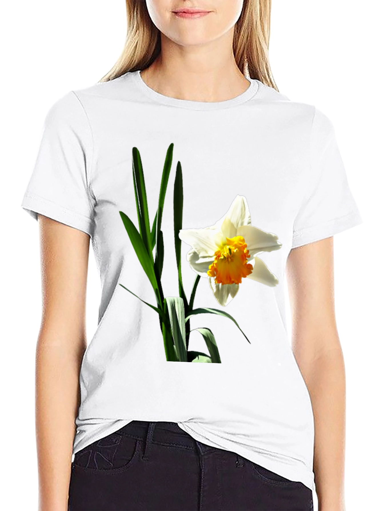 Floral Graphic T-Shirt - White Daffodil on Black