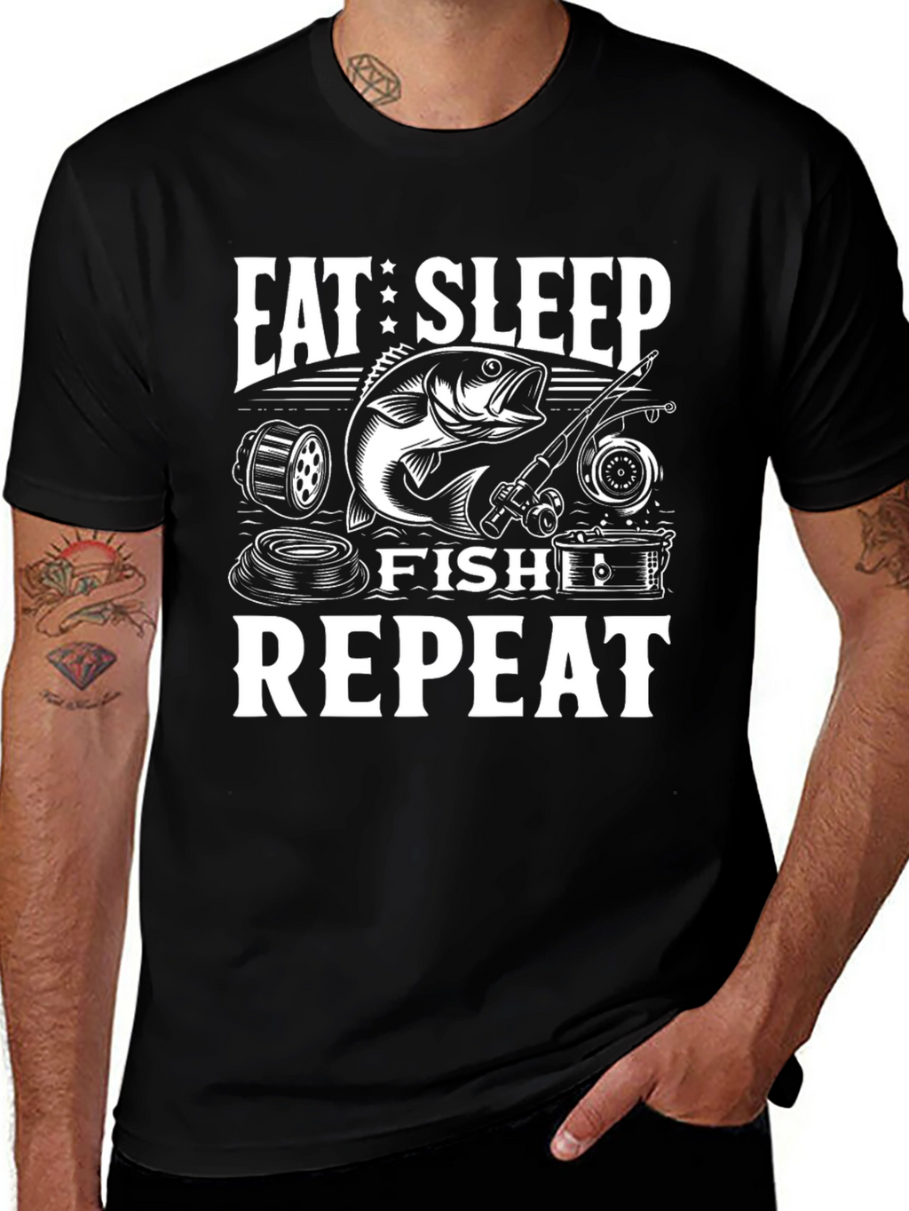 Eat Sleep Fish Repeat Black Graphic Tee