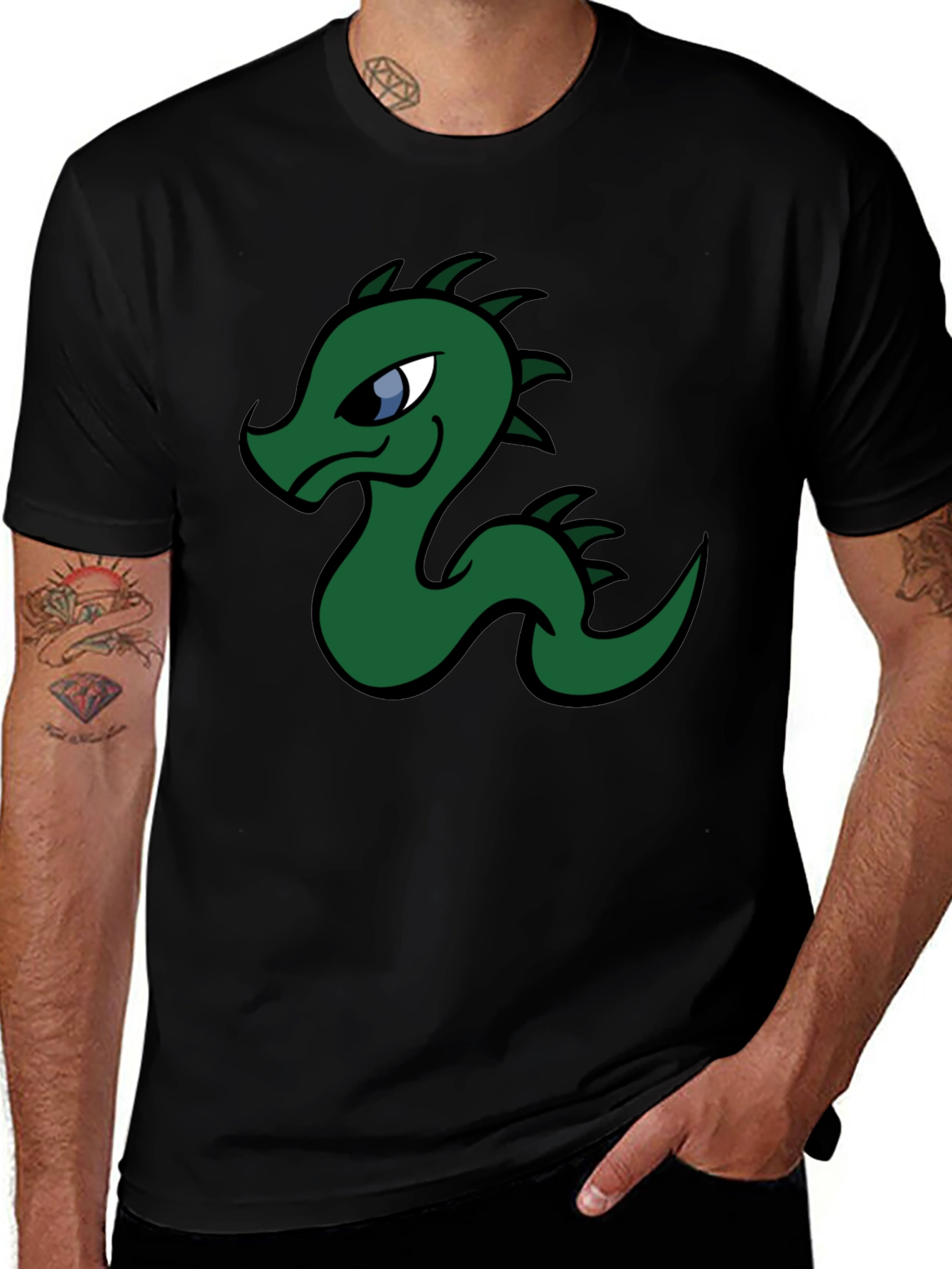 Cartoon Dragon Graphic Tee - Black Cotton T-Shirt