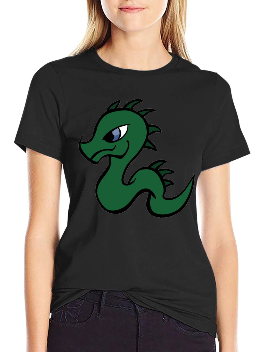 Cartoon Dragon Graphic Tee - Black Cotton T-Shirt