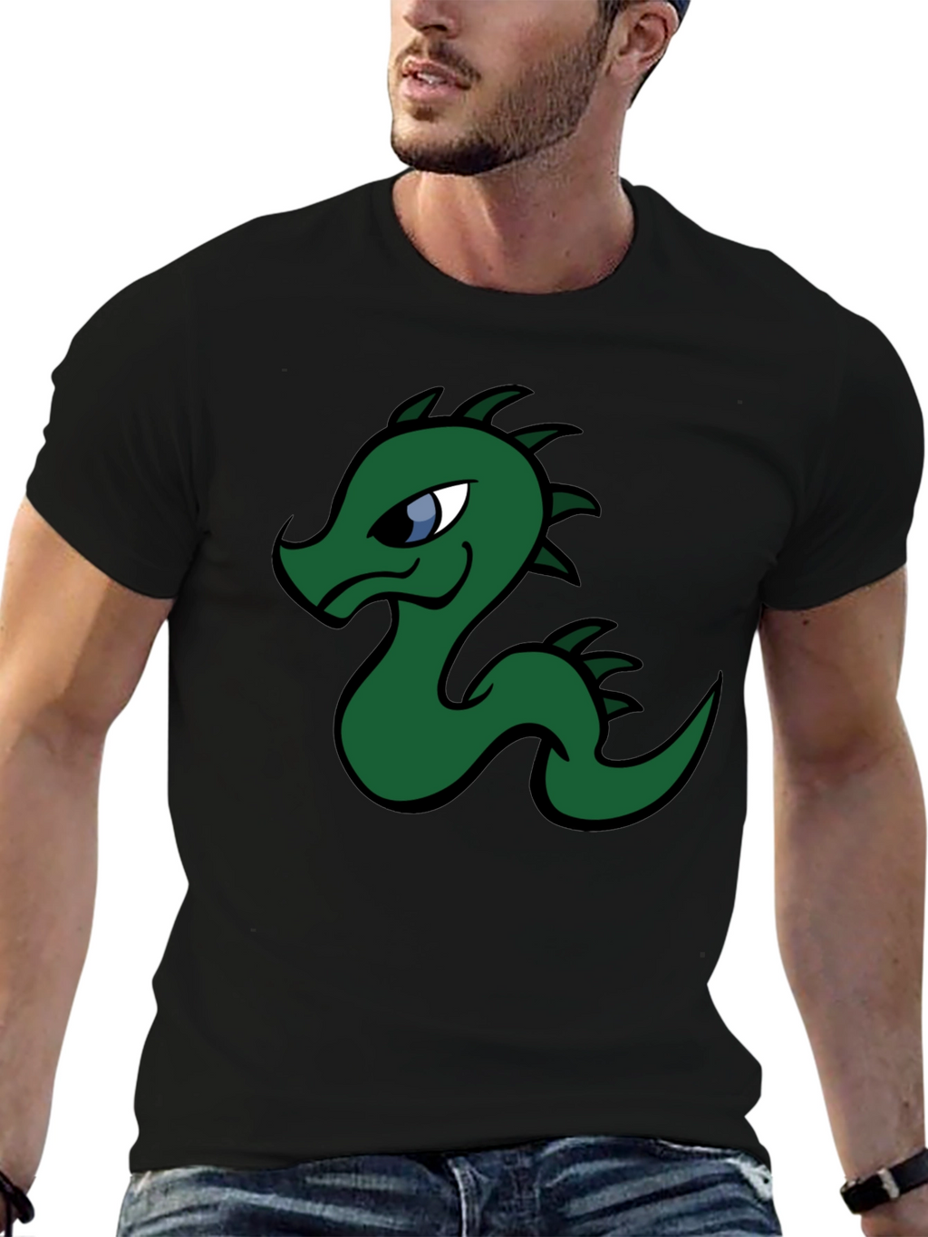 Cartoon Dragon Graphic Tee - Black Cotton T-Shirt