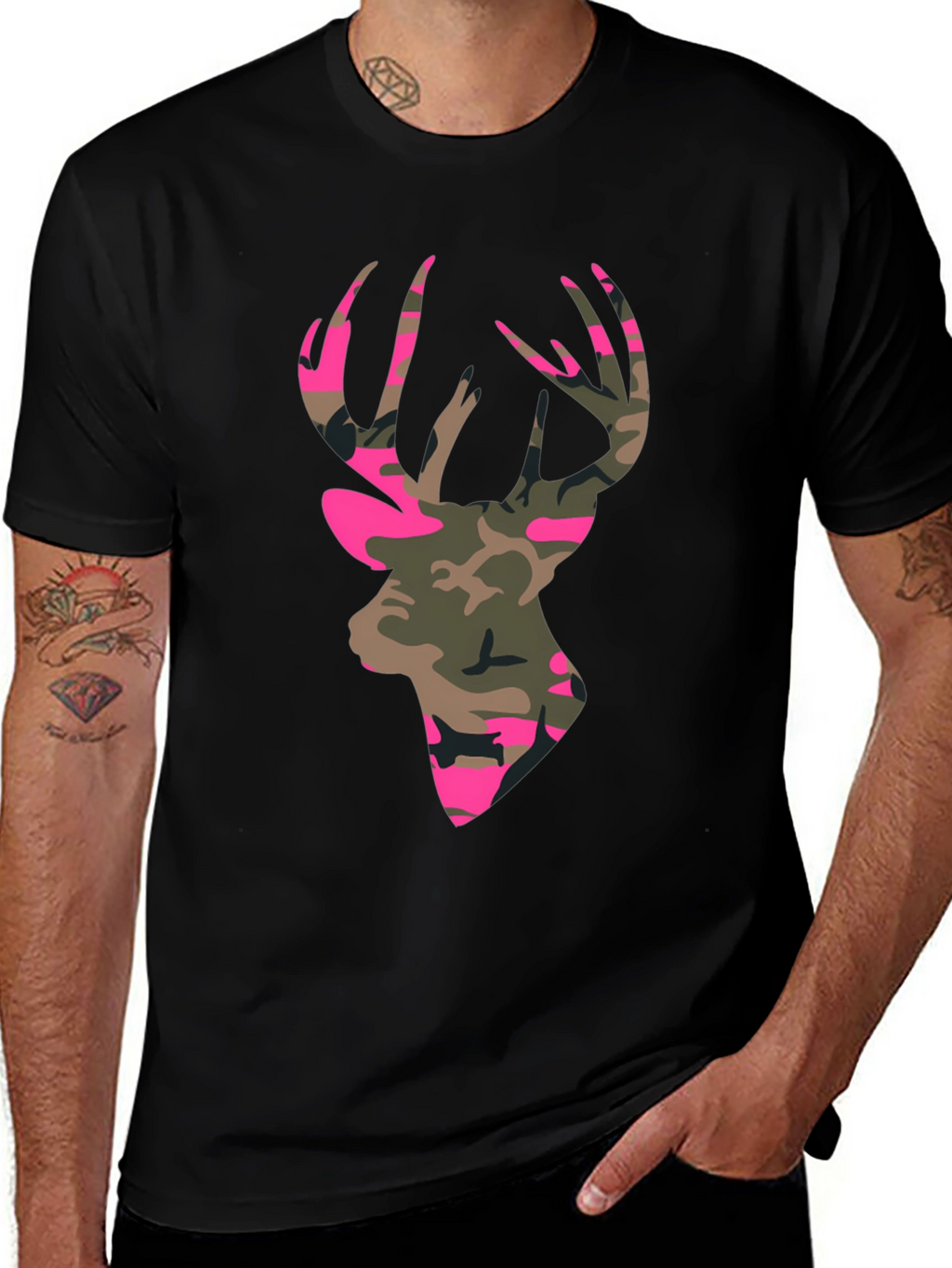 Camo Deer Head Graphic Tee - Mens Black T-Shirt