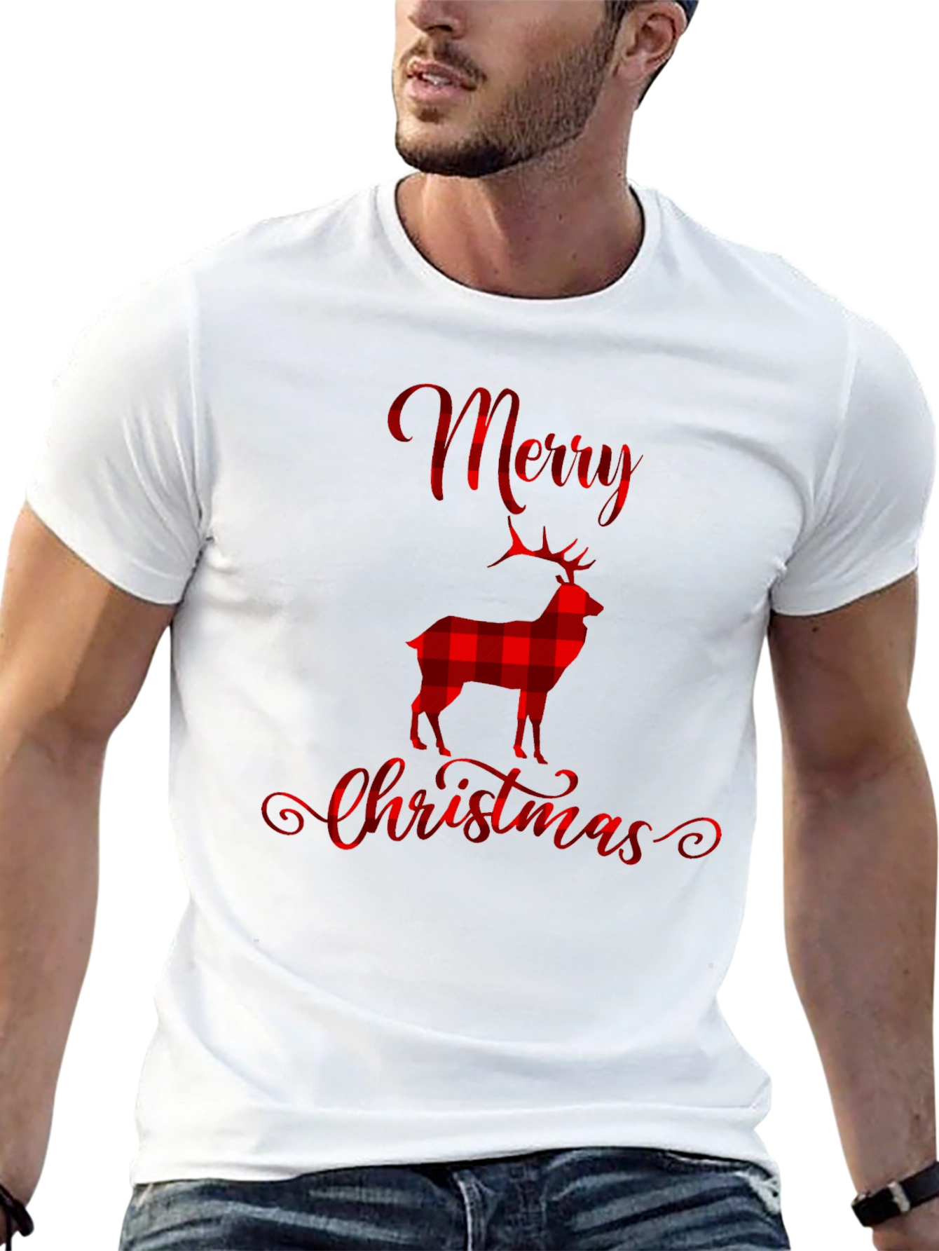 Merry Christmas Plaid Deer Graphic T-Shirt