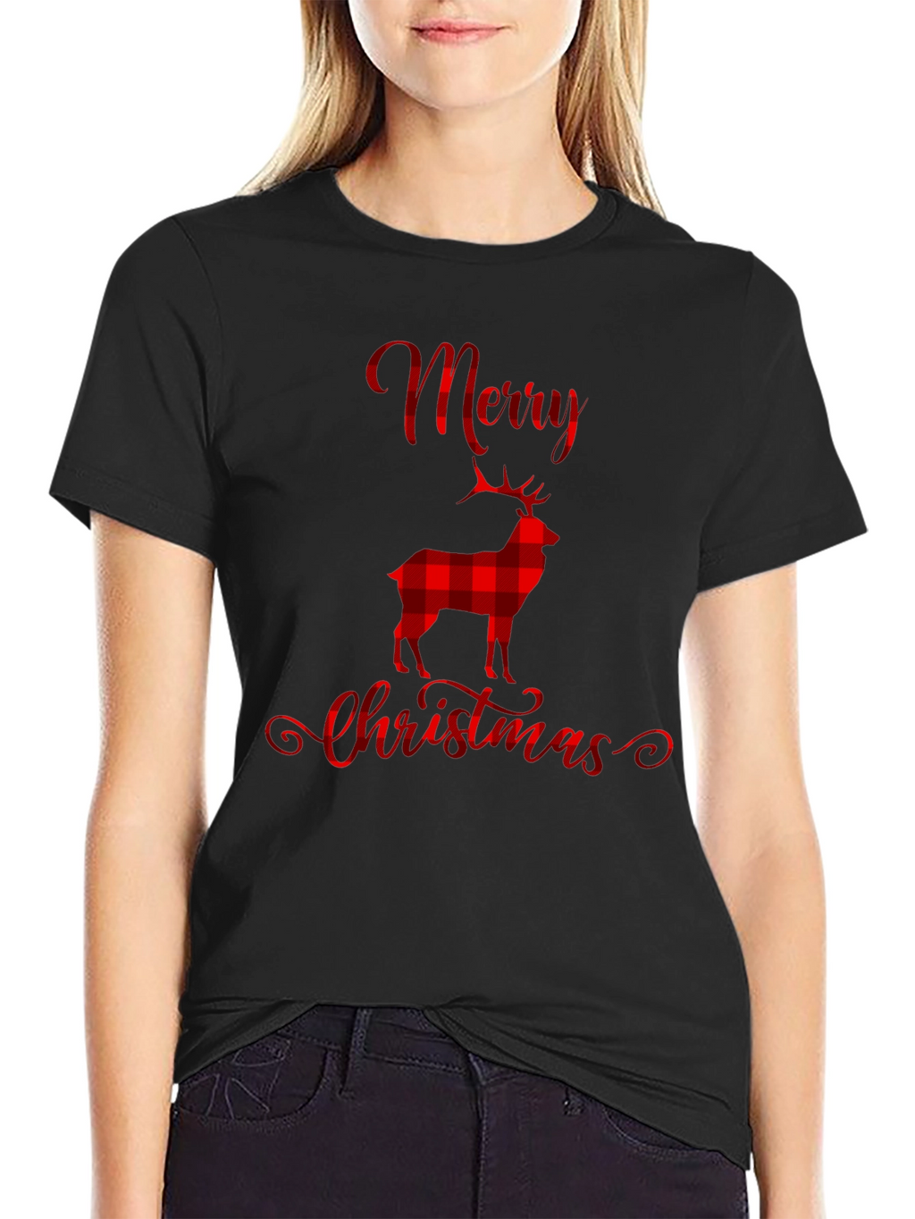 Merry Christmas Plaid Deer Graphic T-Shirt